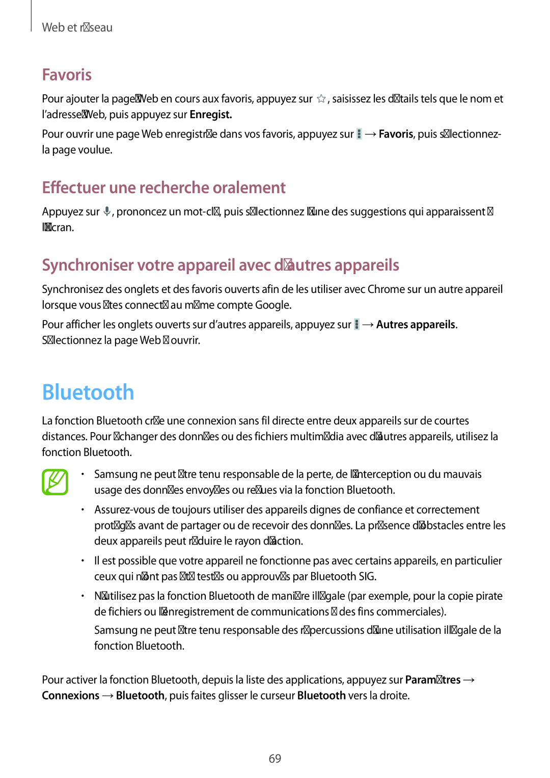 Samsung SM-P6050ZWAXEF, SM-P6050ZKAXEF manual Bluetooth, Synchroniser votre appareil avec d’autres appareils 