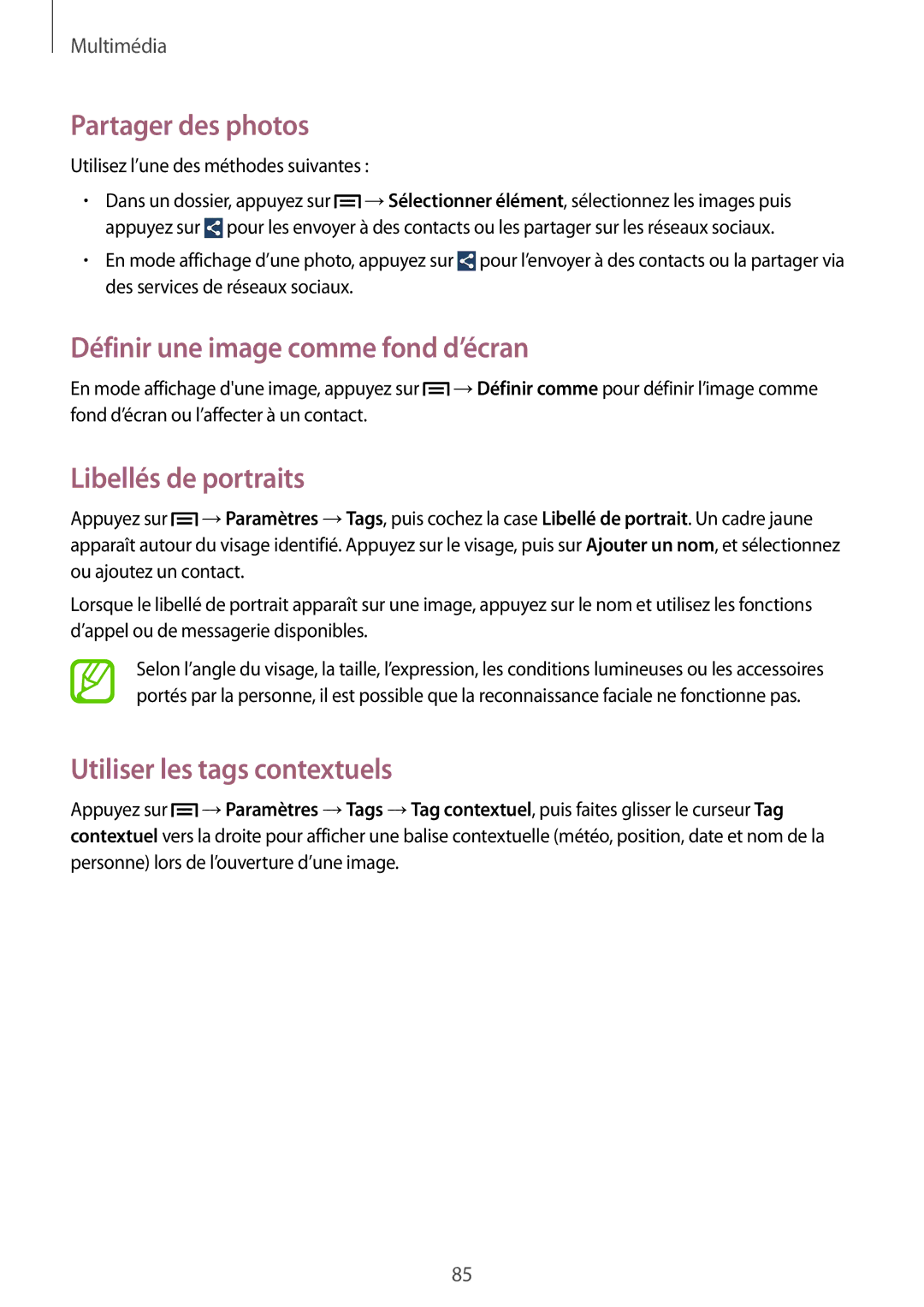 Samsung SM-P6050ZWAXEF manual Définir une image comme fond d’écran, Libellés de portraits, Utiliser les tags contextuels 