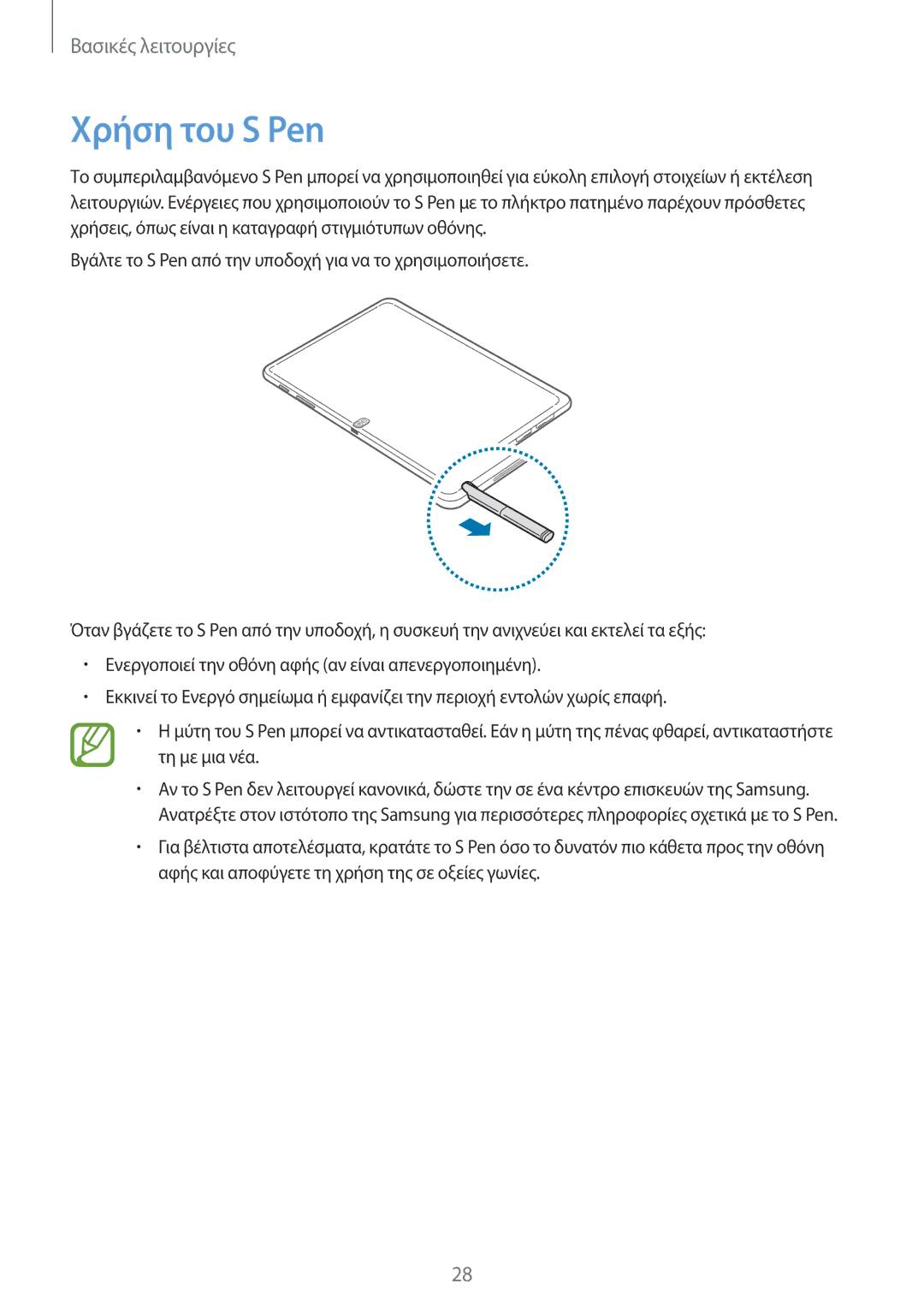 Samsung SM-P6050ZWAEUR, SM-P6050ZKAEUR manual Χρήση του S Pen 