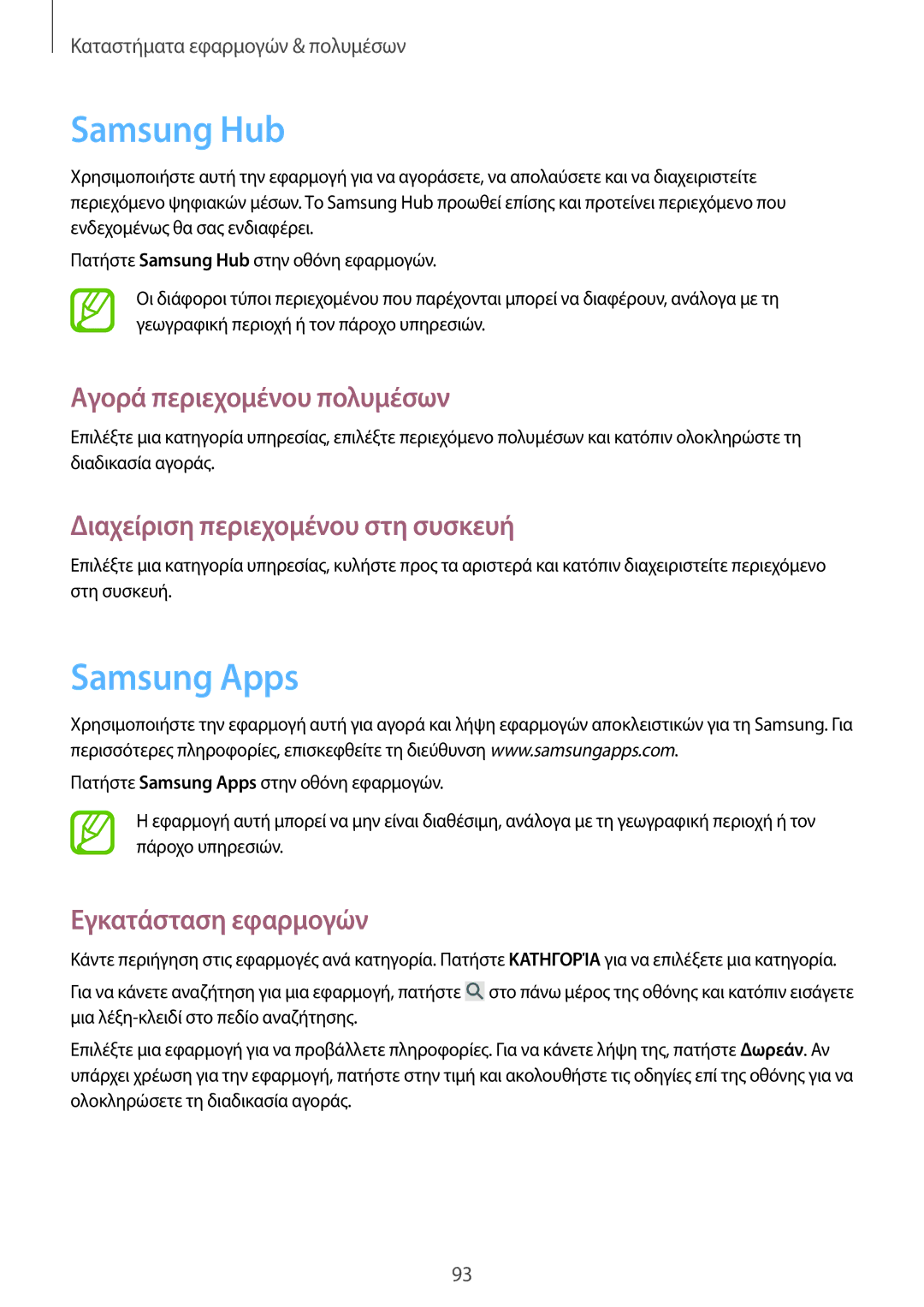 Samsung SM-P6050ZKAEUR manual Samsung Hub, Samsung Apps, Αγορά περιεχομένου πολυμέσων, Διαχείριση περιεχομένου στη συσκευή 