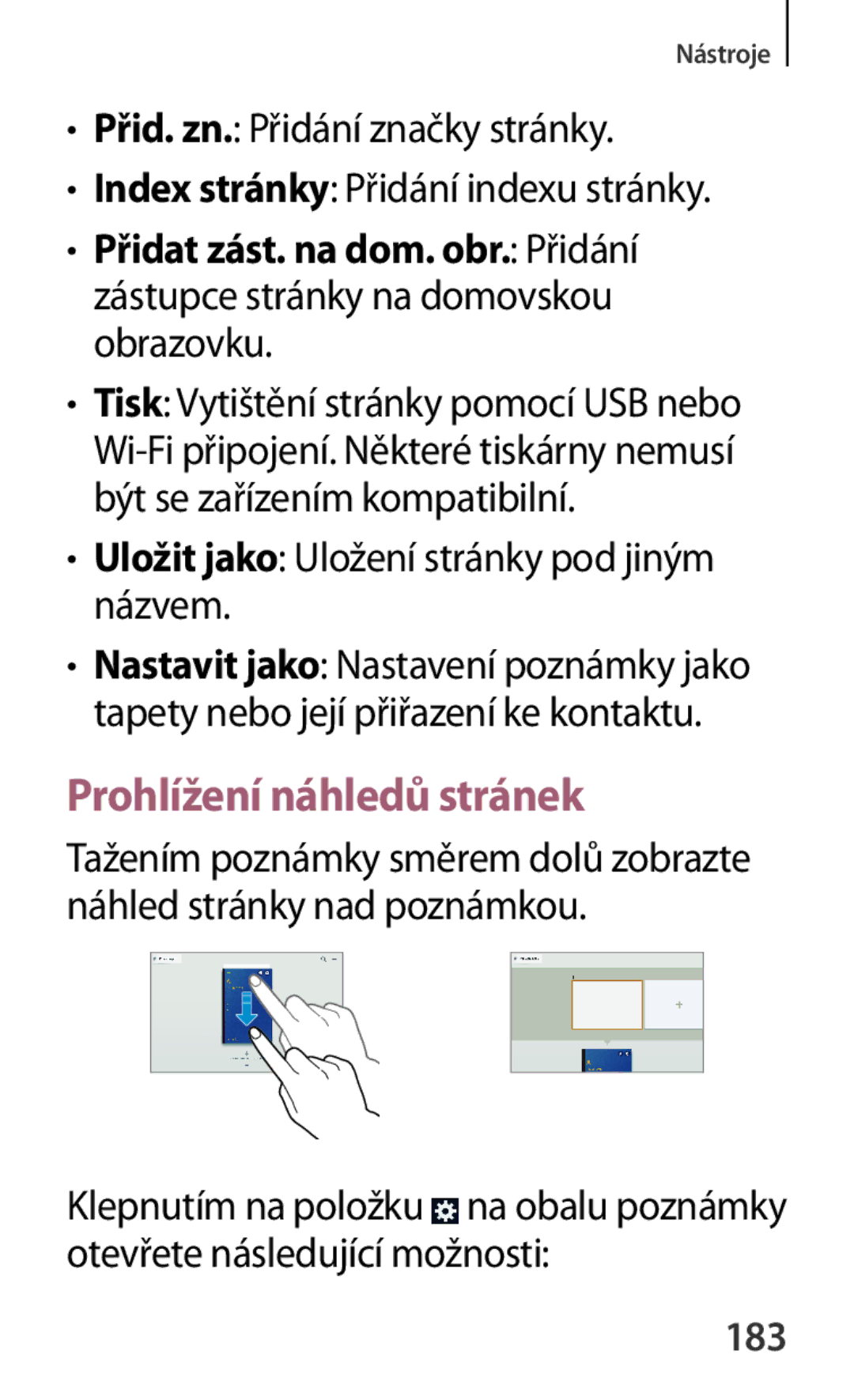 Samsung SM-P6050ZWAXEO, SM-P6050ZWAITV manual Prohlížení náhledů stránek, Uložit jako Uložení stránky pod jiným názvem, 183 