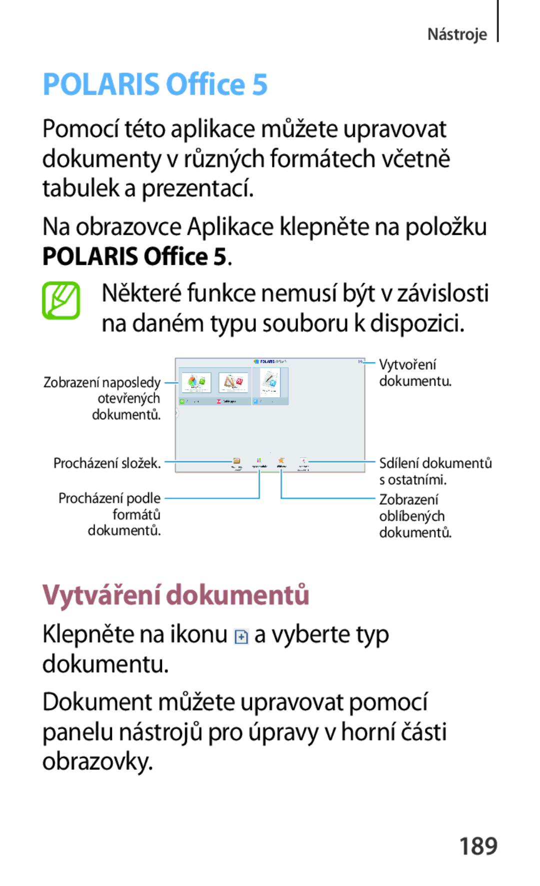 Samsung SM-P6050ZWAITV manual Vytváření dokumentů, Na obrazovce Aplikace klepněte na položku Polaris Office, 189 