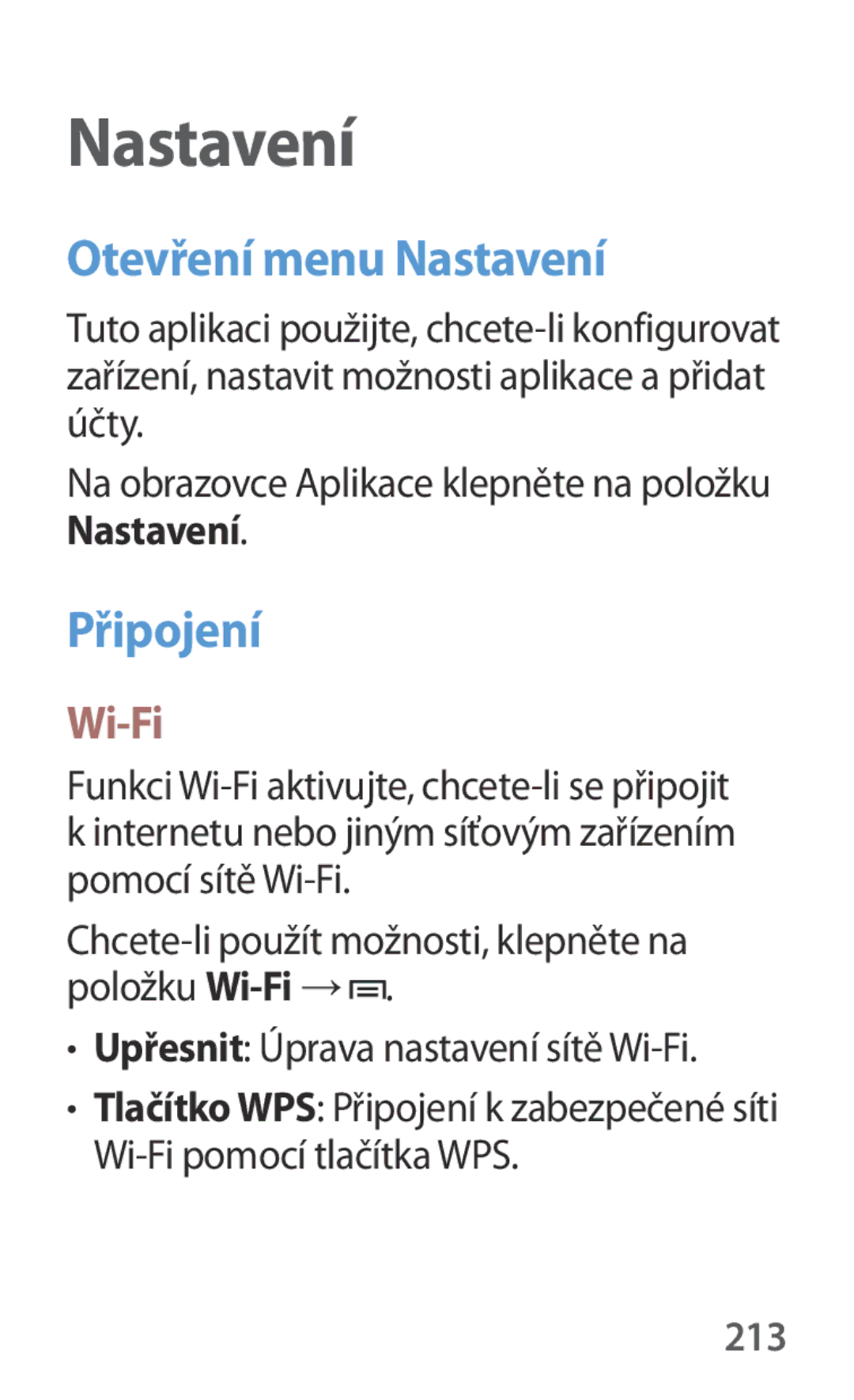 Samsung SM-P6050ZKAEUR, SM-P6050ZWAITV, SM-P6050ZWAEUR, SM-P6050ZWAATO manual Otevření menu Nastavení, Připojení, Wi-Fi, 213 