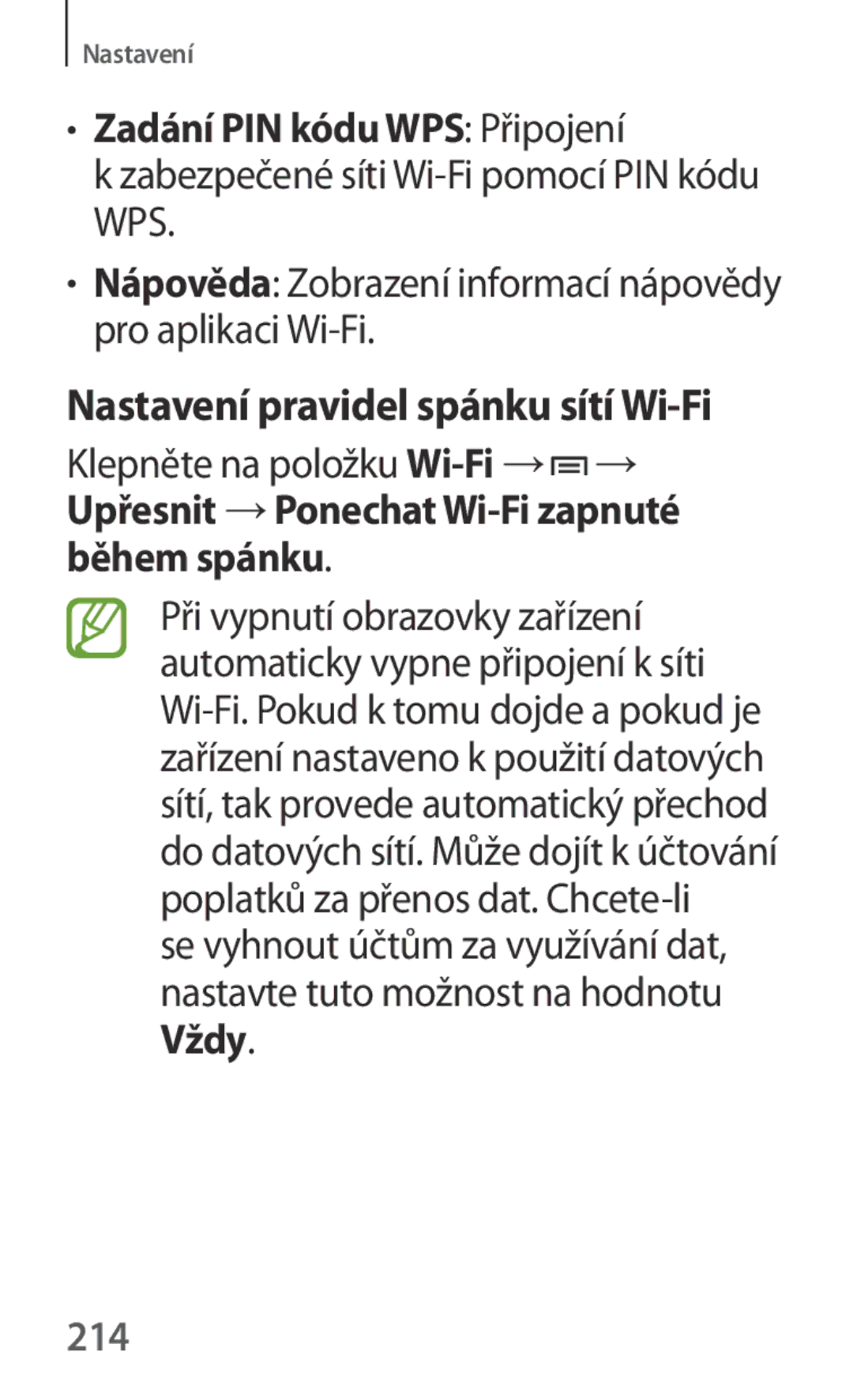 Samsung SM-P6050ZKAATO, SM-P6050ZWAITV manual Zadání PIN kódu WPS Připojení, Nastavení pravidel spánku sítí Wi-Fi, 214 