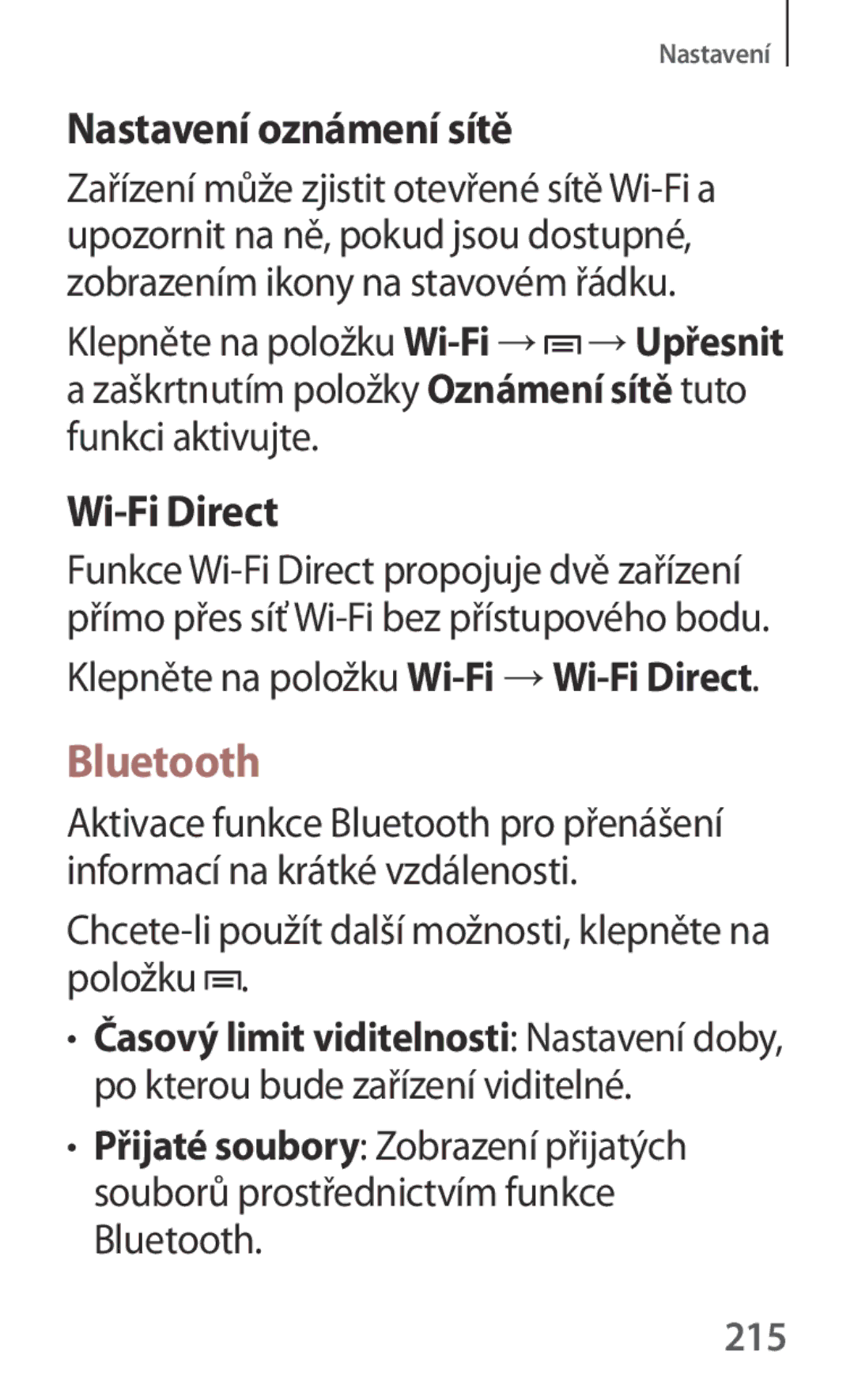 Samsung SM-P6050ZKAXEO Nastavení oznámení sítě, Wi-Fi Direct, Chcete-li použít další možnosti, klepněte na položku, 215 