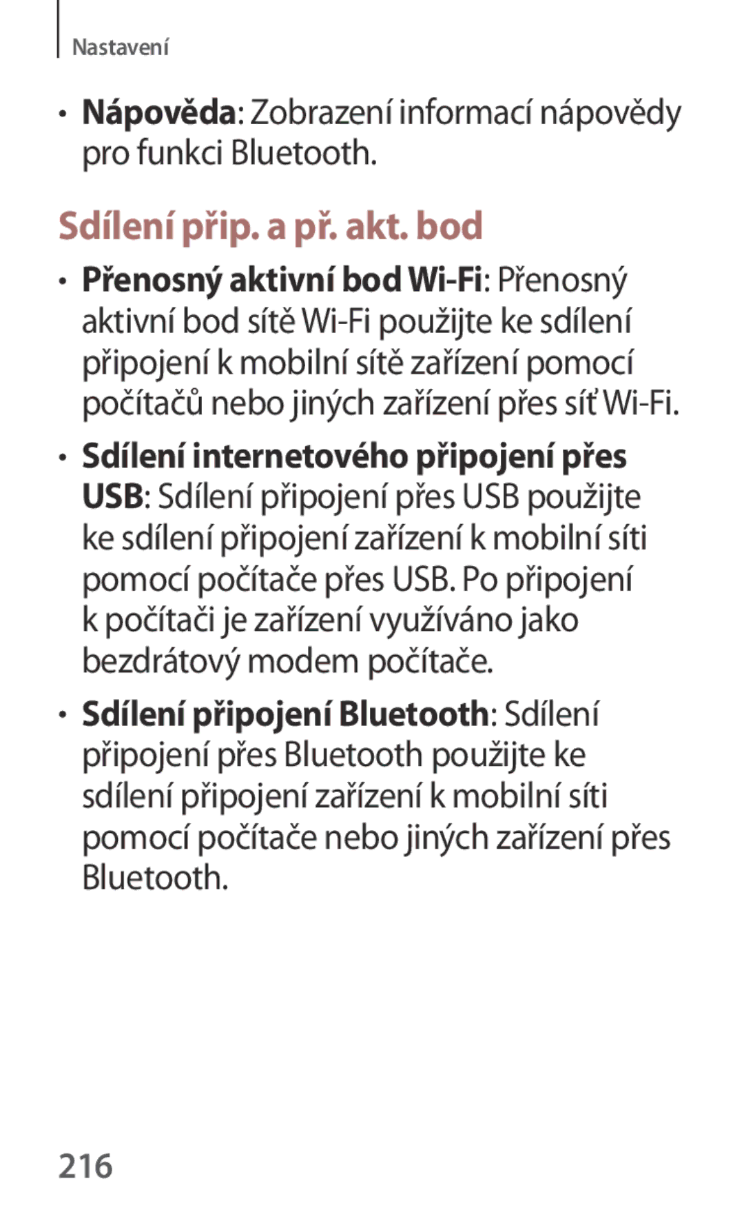 Samsung SM-P6050ZWEMTL manual Sdílení přip. a př. akt. bod, Nápověda Zobrazení informací nápovědy pro funkci Bluetooth, 216 