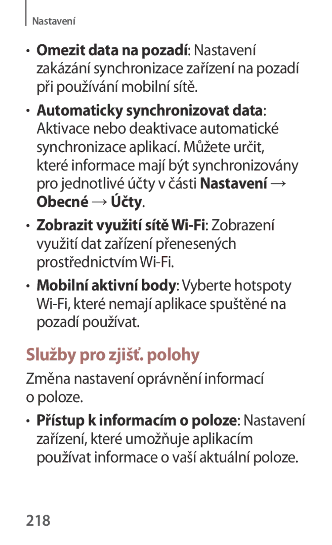 Samsung SM-P6050ZKABGL, SM-P6050ZWAITV manual Služby pro zjišť. polohy, Změna nastavení oprávnění informací o poloze, 218 