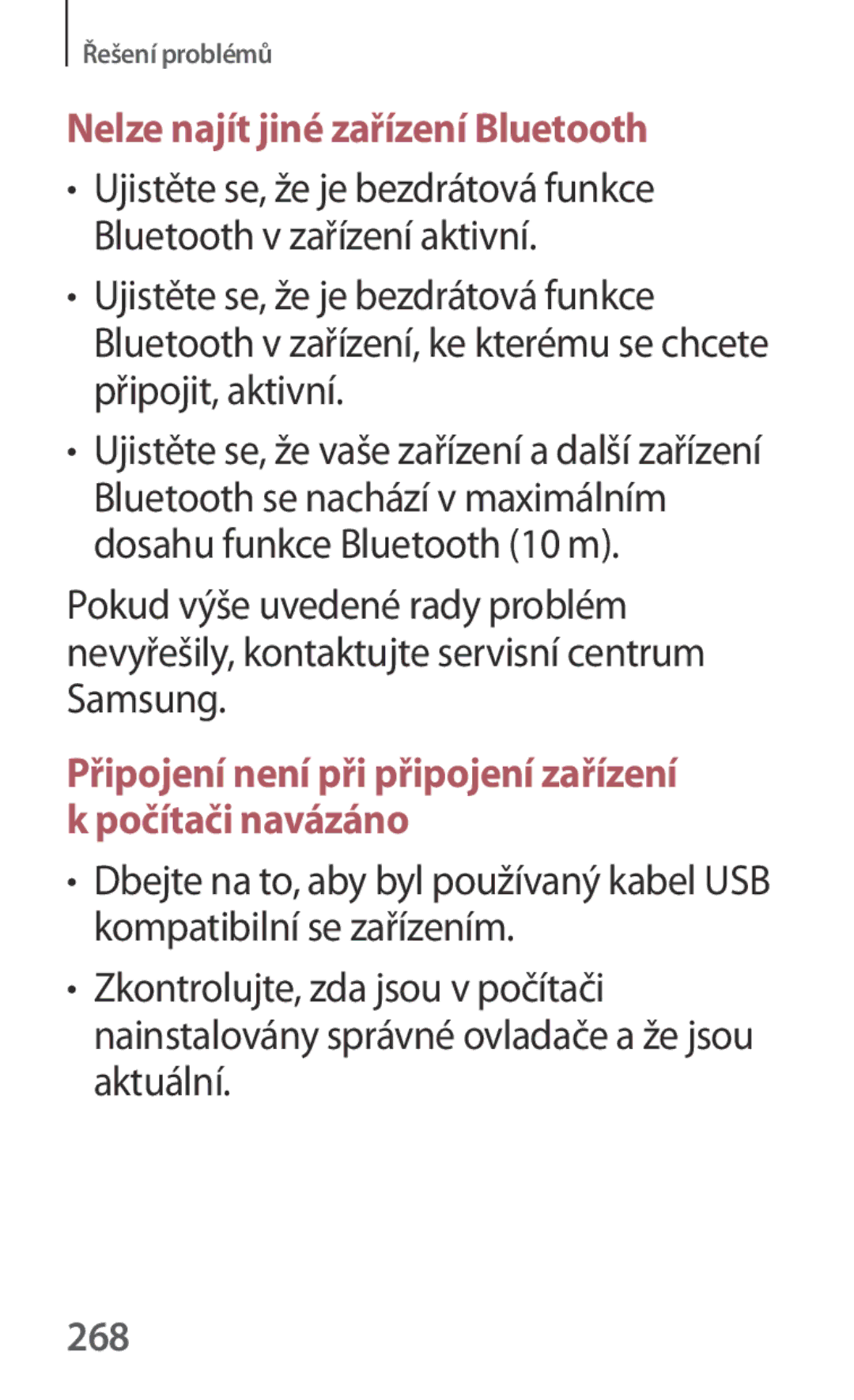 Samsung SM-P6050ZWAXEH, SM-P6050ZWAITV, SM-P6050ZWAEUR, SM-P6050ZWAATO manual Nelze najít jiné zařízení Bluetooth, 268 