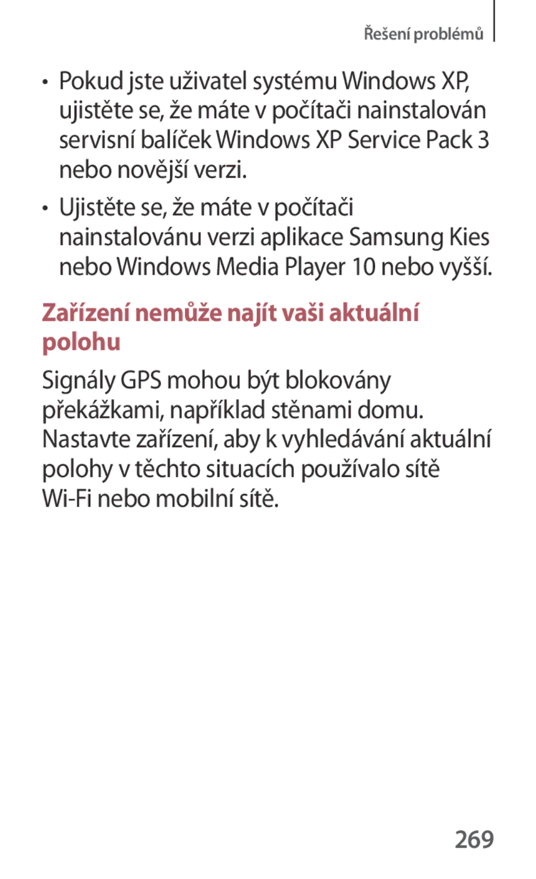 Samsung SM-P6050ZKEXEZ, SM-P6050ZWAITV, SM-P6050ZWAEUR, SM-P6050ZWAATO manual Zařízení nemůže najít vaši aktuální polohu, 269 