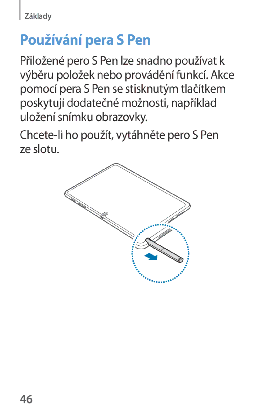 Samsung SM-P6050ZKAATO, SM-P6050ZWAITV manual Používání pera S Pen, Chcete-li ho použít, vytáhněte pero S Pen ze slotu 