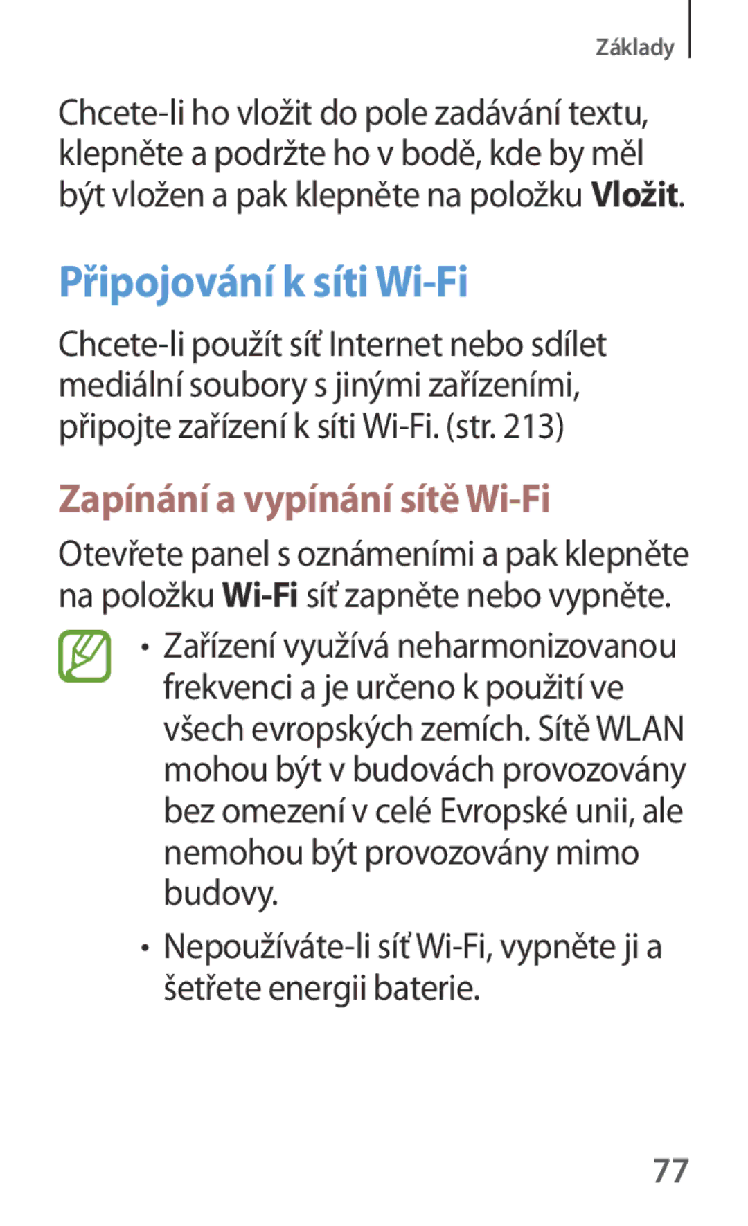 Samsung SM-P6050ZKEXSK, SM-P6050ZWAITV, SM-P6050ZWAEUR manual Připojování k síti Wi-Fi, Zapínání a vypínání sítě Wi-Fi 