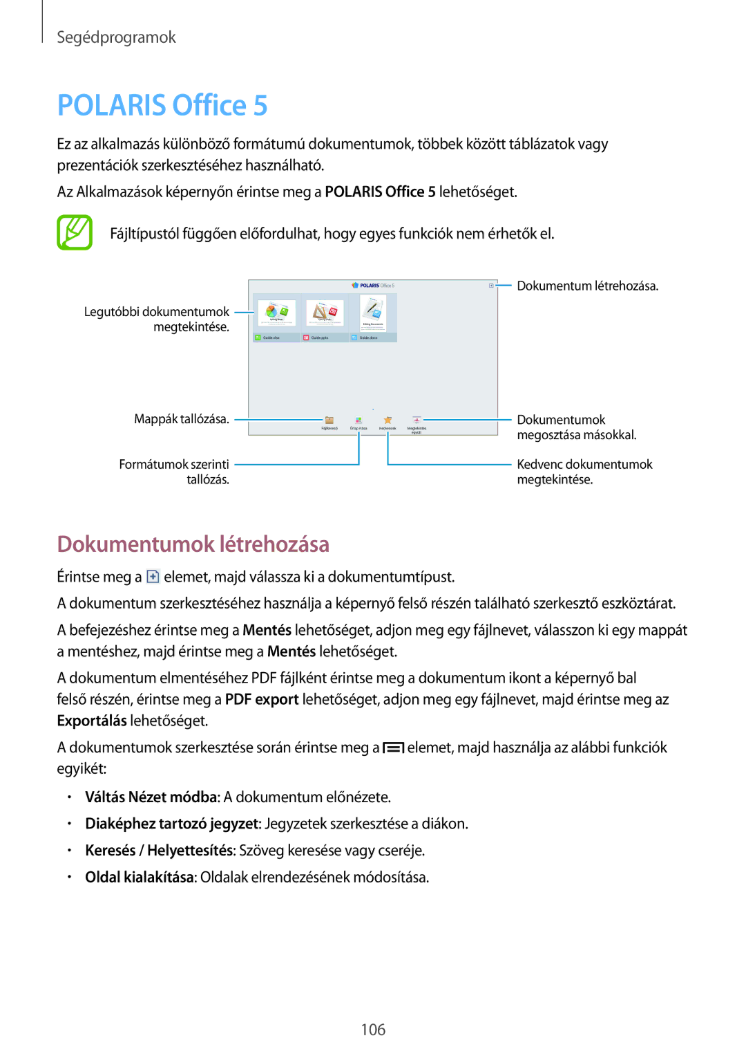 Samsung SM-P6050ZKAXSK, SM-P6050ZWAITV, SM-P6050ZWAEUR, SM-P6050ZWAATO manual Polaris Office, Dokumentumok létrehozása 