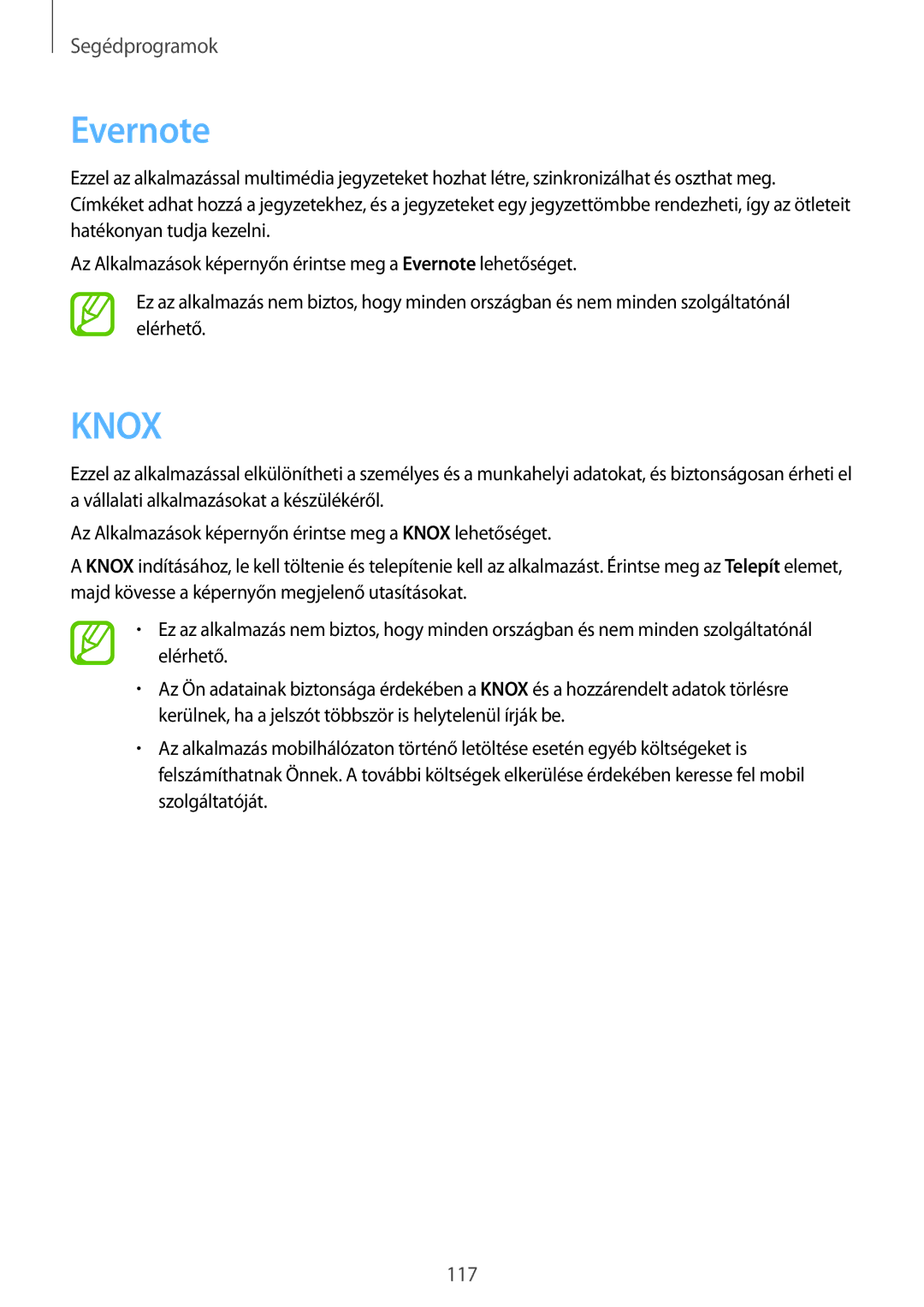 Samsung SM-P6050ZWEMTL, SM-P6050ZWAITV, SM-P6050ZWAEUR, SM-P6050ZWAATO, SM-P6050ZKAEUR, SM-P6050ZKAATO manual Evernote, Knox 