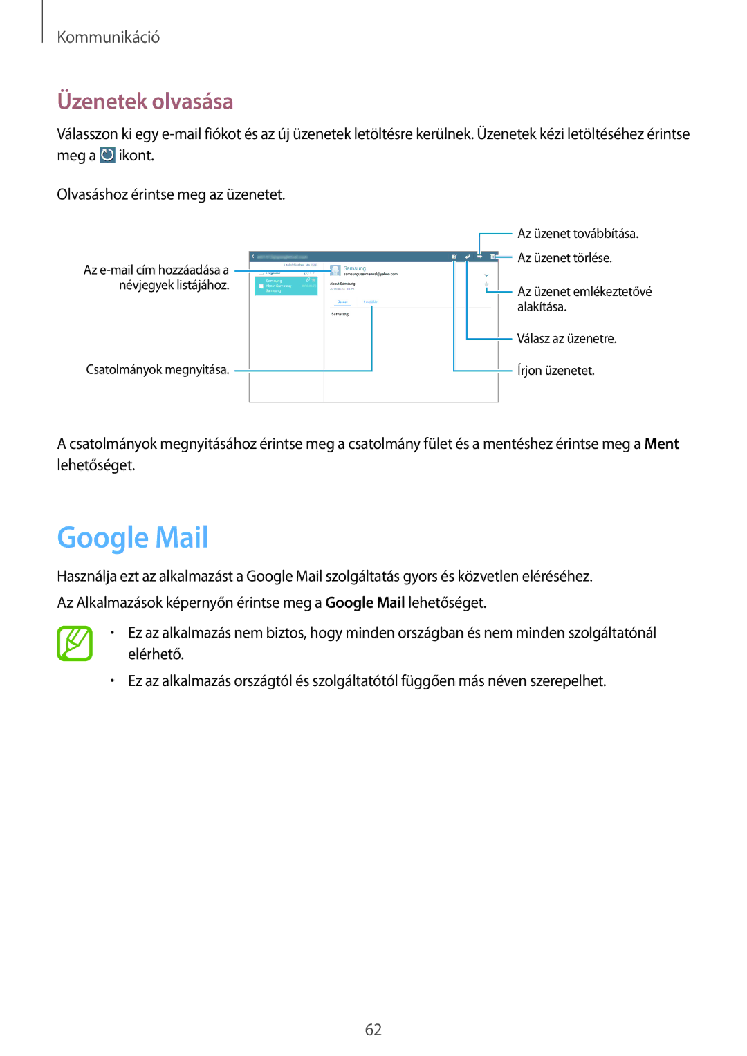 Samsung SM-P6050ZKAXSK, SM-P6050ZWAITV, SM-P6050ZWAEUR, SM-P6050ZWAATO, SM-P6050ZKAEUR manual Google Mail, Üzenetek olvasása 
