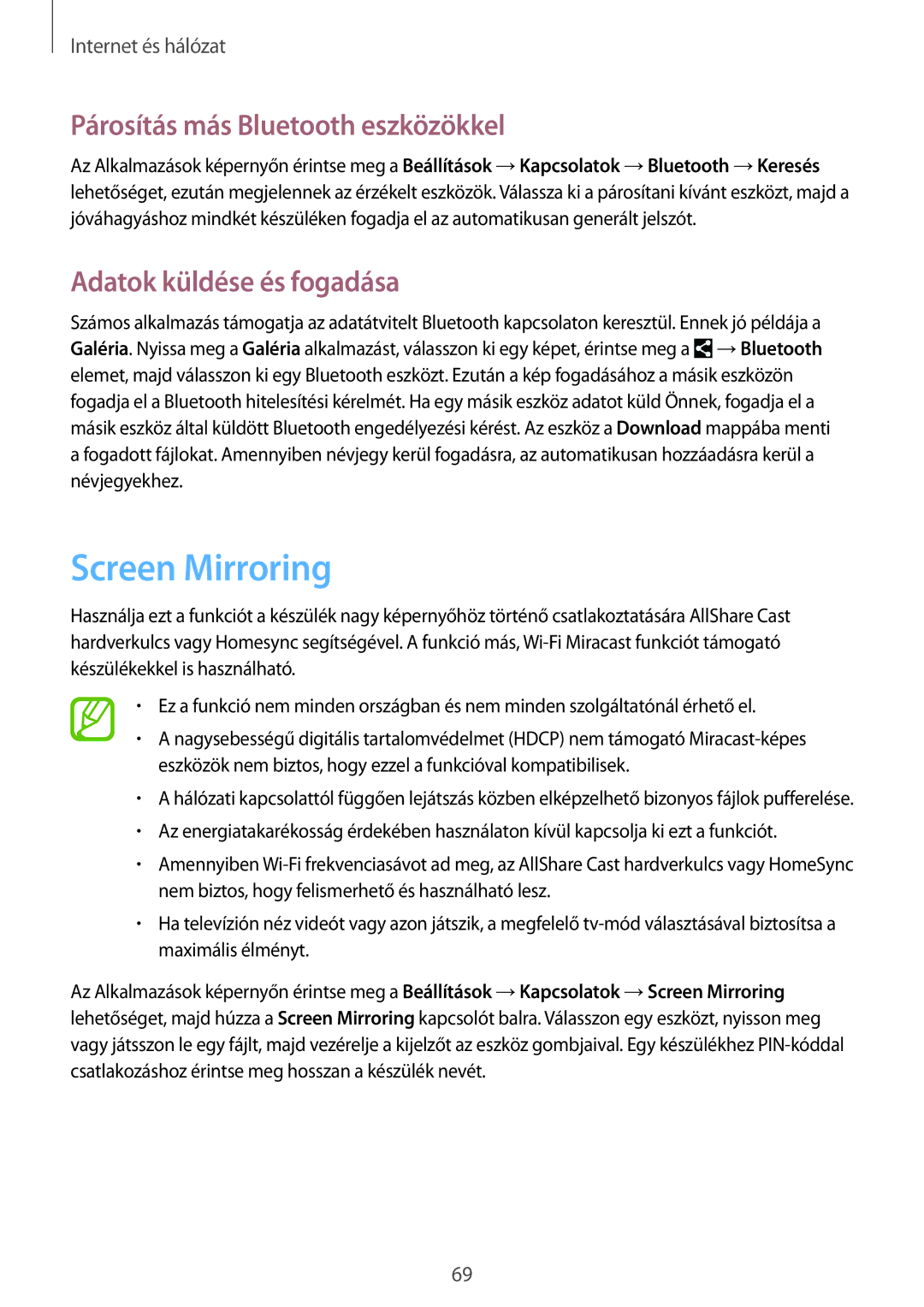 Samsung SM-P6050ZKAEUR, SM-P6050ZWAITV Screen Mirroring, Párosítás más Bluetooth eszközökkel, Adatok küldése és fogadása 