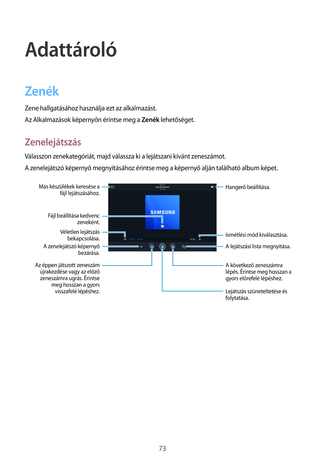 Samsung SM-P6050ZWEMTL, SM-P6050ZWAITV, SM-P6050ZWAEUR, SM-P6050ZWAATO, SM-P6050ZKAEUR manual Adattároló, Zenék, Zenelejátszás 