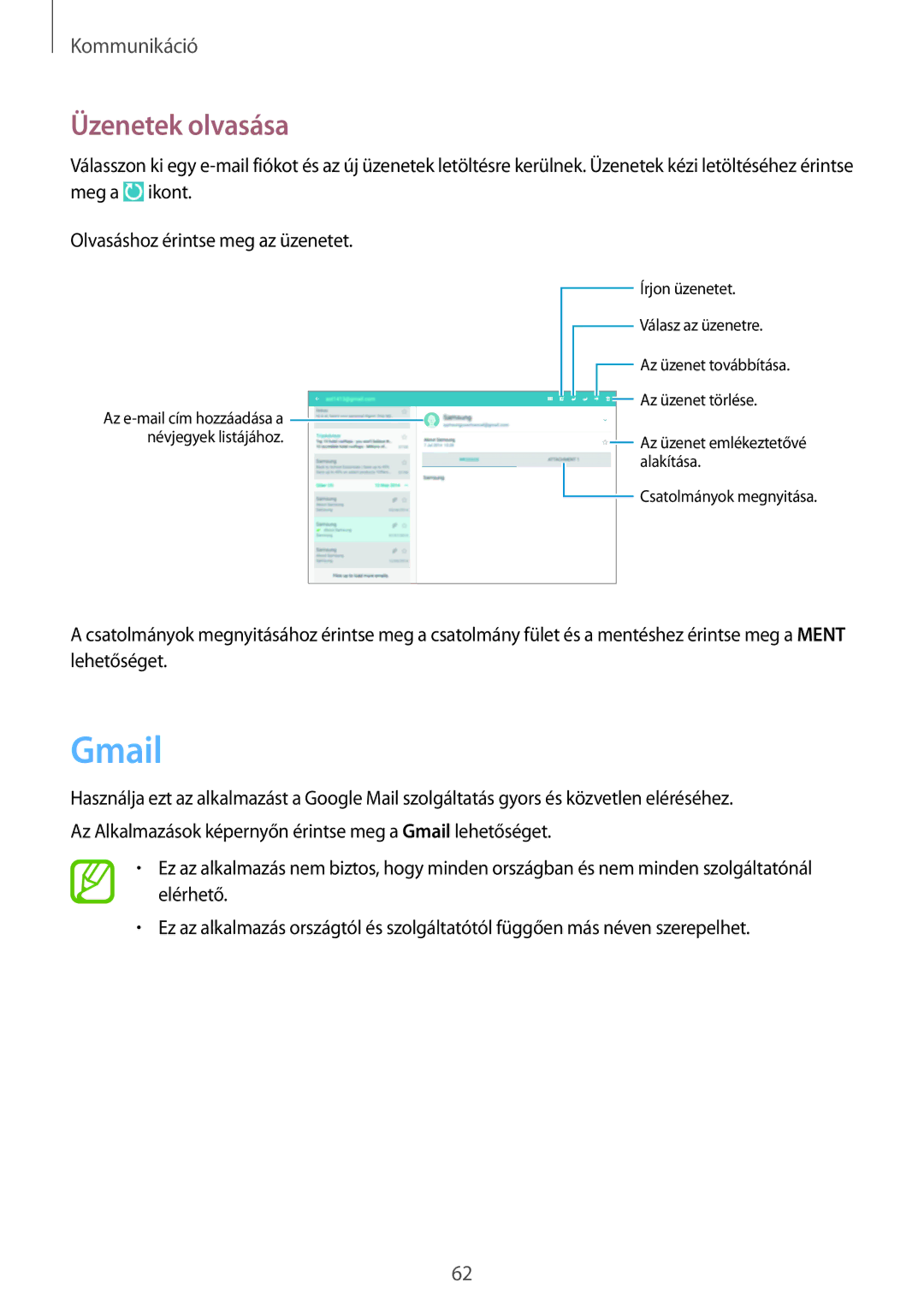 Samsung SM-P6050ZKAXSK, SM-P6050ZWAITV, SM-P6050ZWAEUR, SM-P6050ZWAATO, SM-P6050ZKAEUR manual Gmail, Üzenetek olvasása 