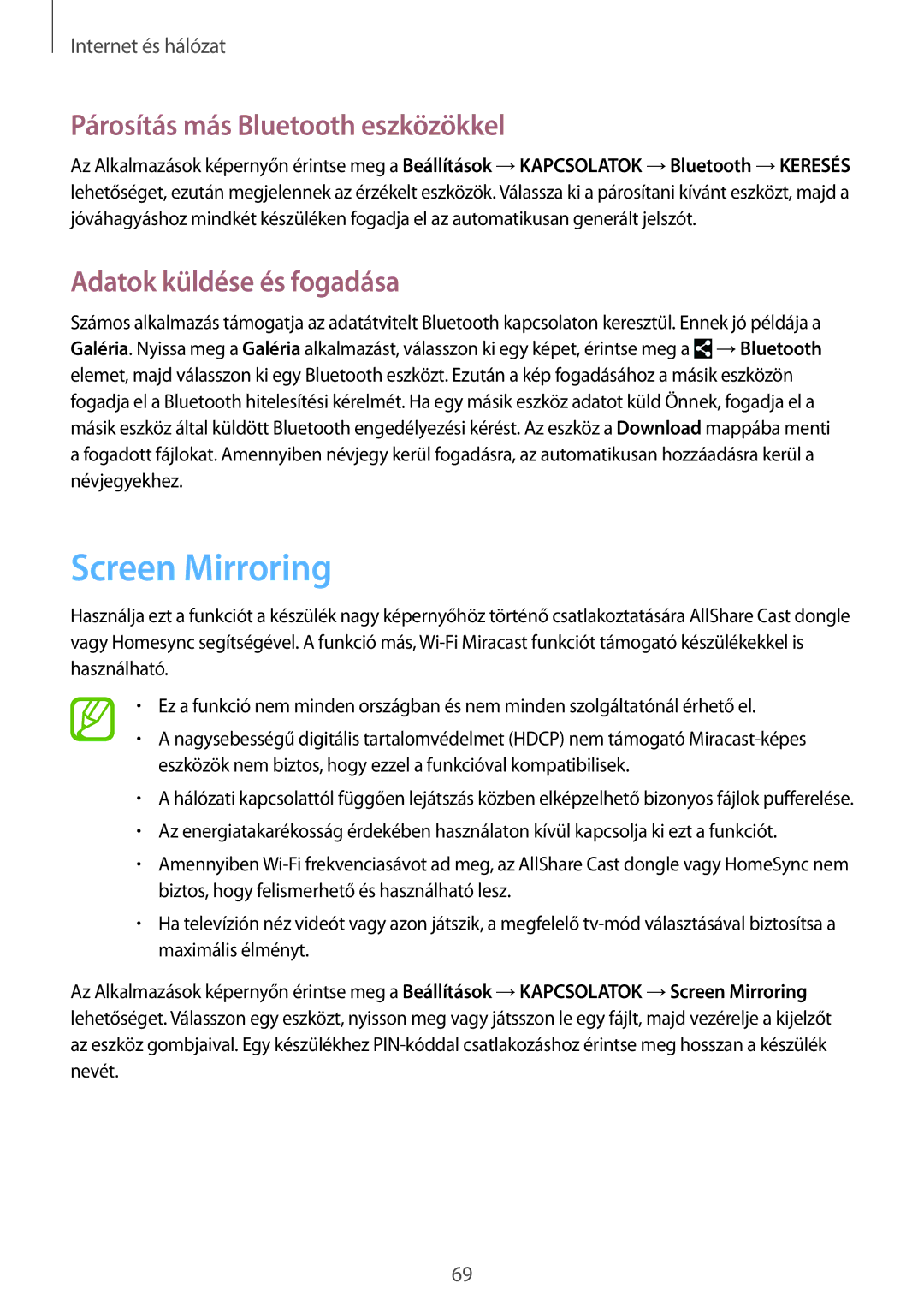 Samsung SM-P6050ZKAEUR, SM-P6050ZWAITV Screen Mirroring, Párosítás más Bluetooth eszközökkel, Adatok küldése és fogadása 