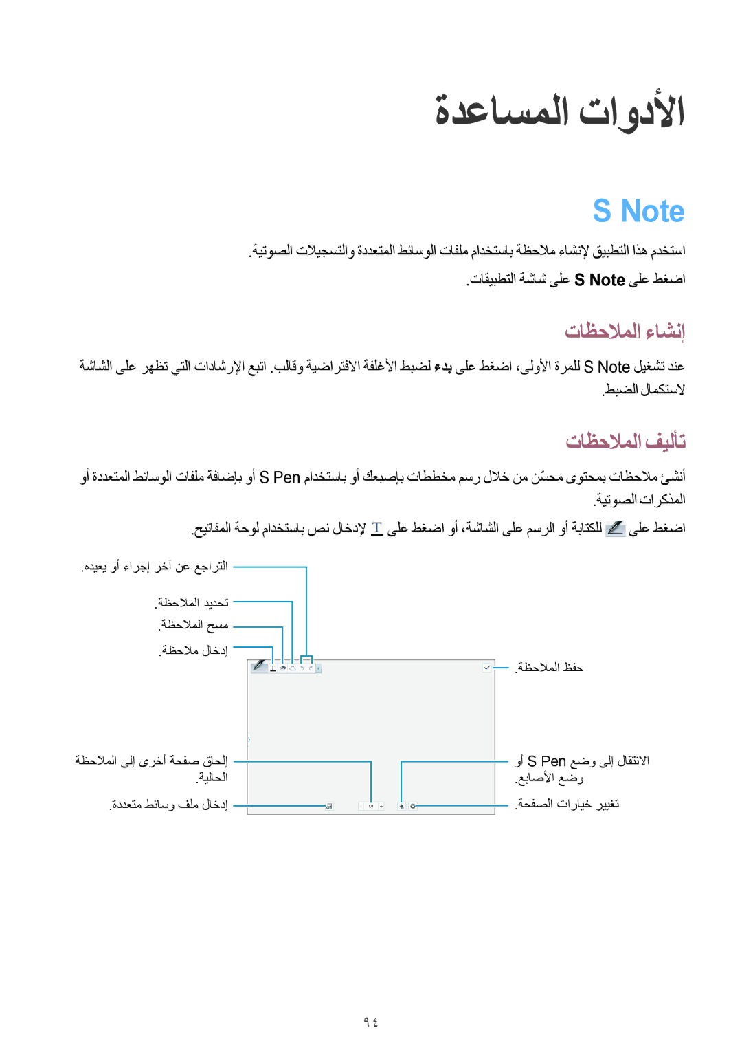 Samsung SM-P6050ZWAKSA, SM-P6050ZKAKSA manual ةدعاسملا تاودلأا, تاظحلاملا ءاشنإ, تاظحلاملا فيلأت 