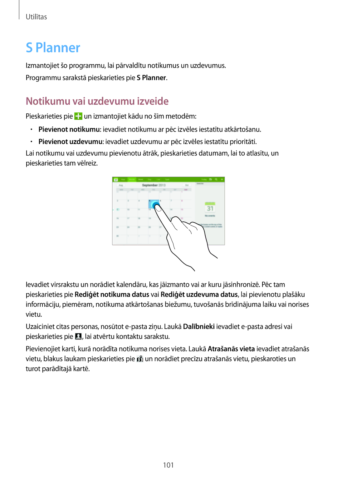 Samsung SM-P6050ZKASEB, SM-P6050ZWASEB, SM-P6050ZKESEB, SM-P6050ZWESEB manual Planner, Notikumu vai uzdevumu izveide 