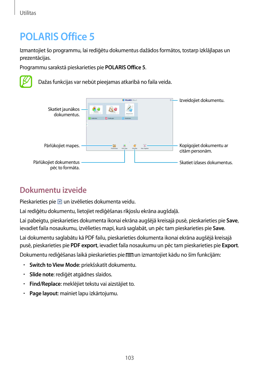 Samsung SM-P6050ZWESEB, SM-P6050ZWASEB, SM-P6050ZKASEB, SM-P6050ZKESEB manual Polaris Office, Dokumentu izveide 
