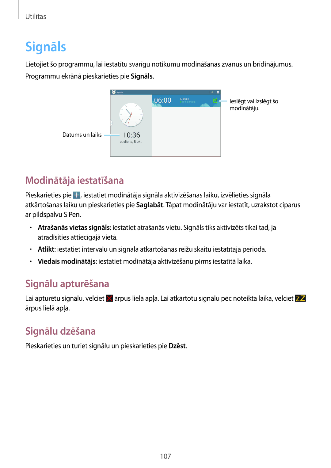 Samsung SM-P6050ZWESEB, SM-P6050ZWASEB, SM-P6050ZKASEB Signāls, Modinātāja iestatīšana, Signālu apturēšana, Signālu dzēšana 