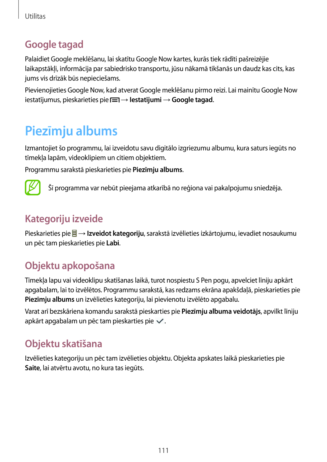 Samsung SM-P6050ZWESEB manual Piezīmju albums, Google tagad, Kategoriju izveide, Objektu apkopošana, Objektu skatīšana 