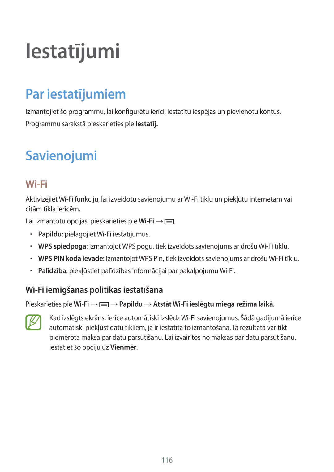 Samsung SM-P6050ZWASEB manual Iestatījumi, Par iestatījumiem, Savienojumi, Wi-Fi iemigšanas politikas iestatīšana 