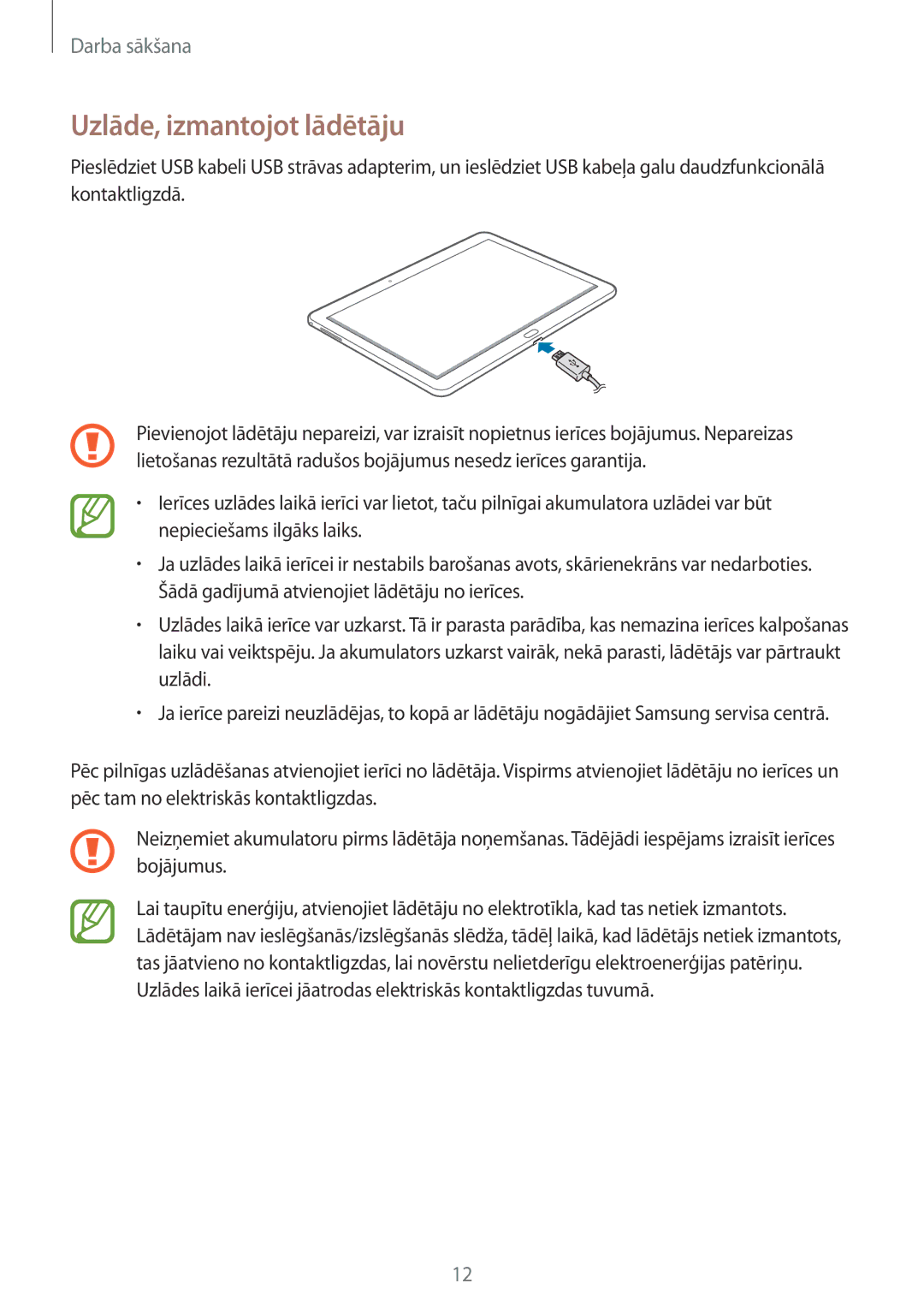 Samsung SM-P6050ZWASEB, SM-P6050ZKASEB, SM-P6050ZKESEB, SM-P6050ZWESEB manual Uzlāde, izmantojot lādētāju 