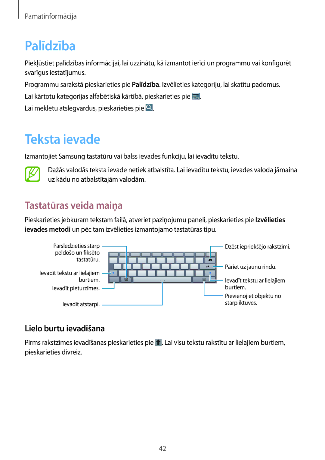 Samsung SM-P6050ZKESEB, SM-P6050ZWASEB manual Palīdzība, Teksta ievade, Tastatūras veida maiņa, Lielo burtu ievadīšana 