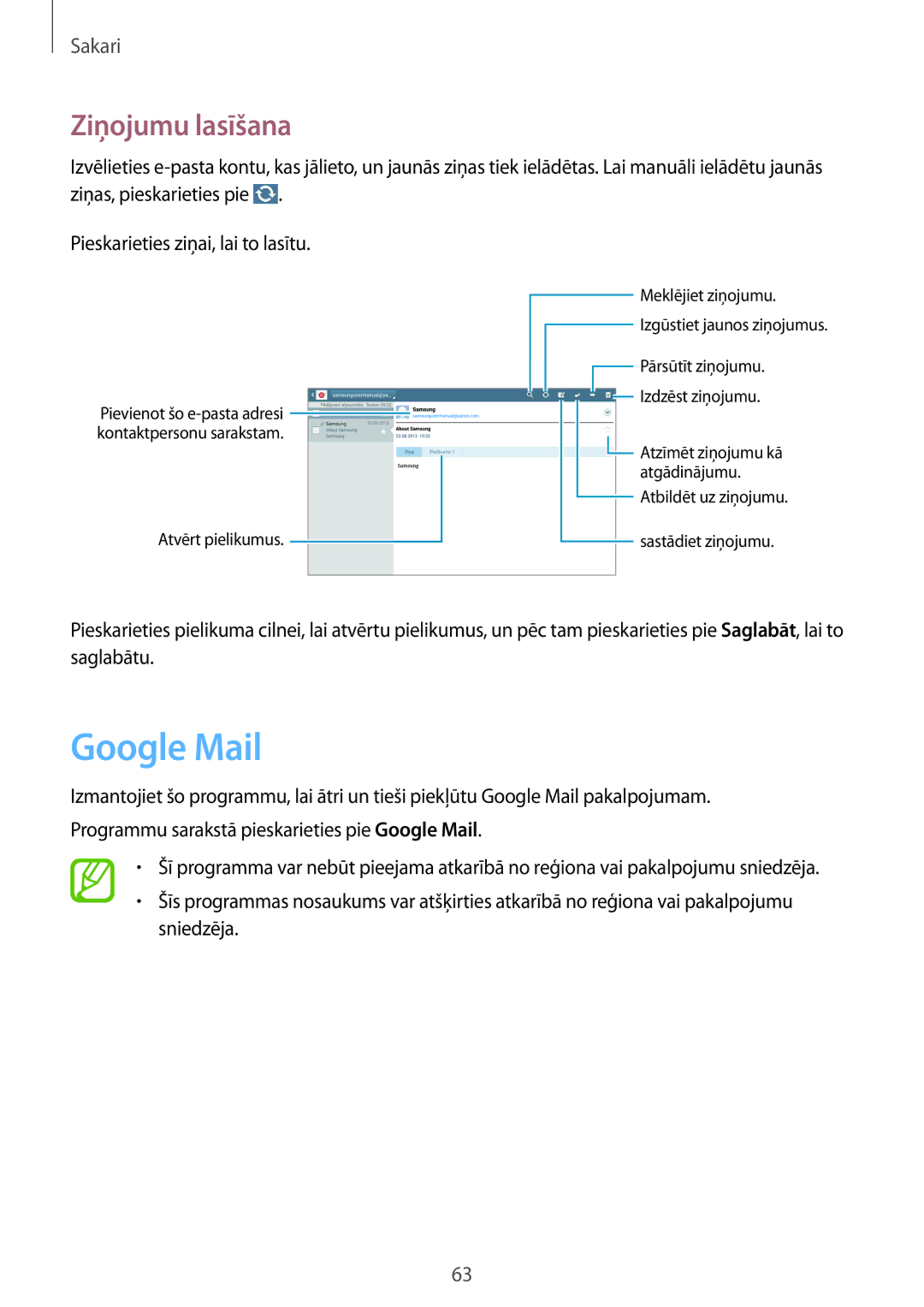 Samsung SM-P6050ZWESEB, SM-P6050ZWASEB, SM-P6050ZKASEB, SM-P6050ZKESEB manual Google Mail, Ziņojumu lasīšana 