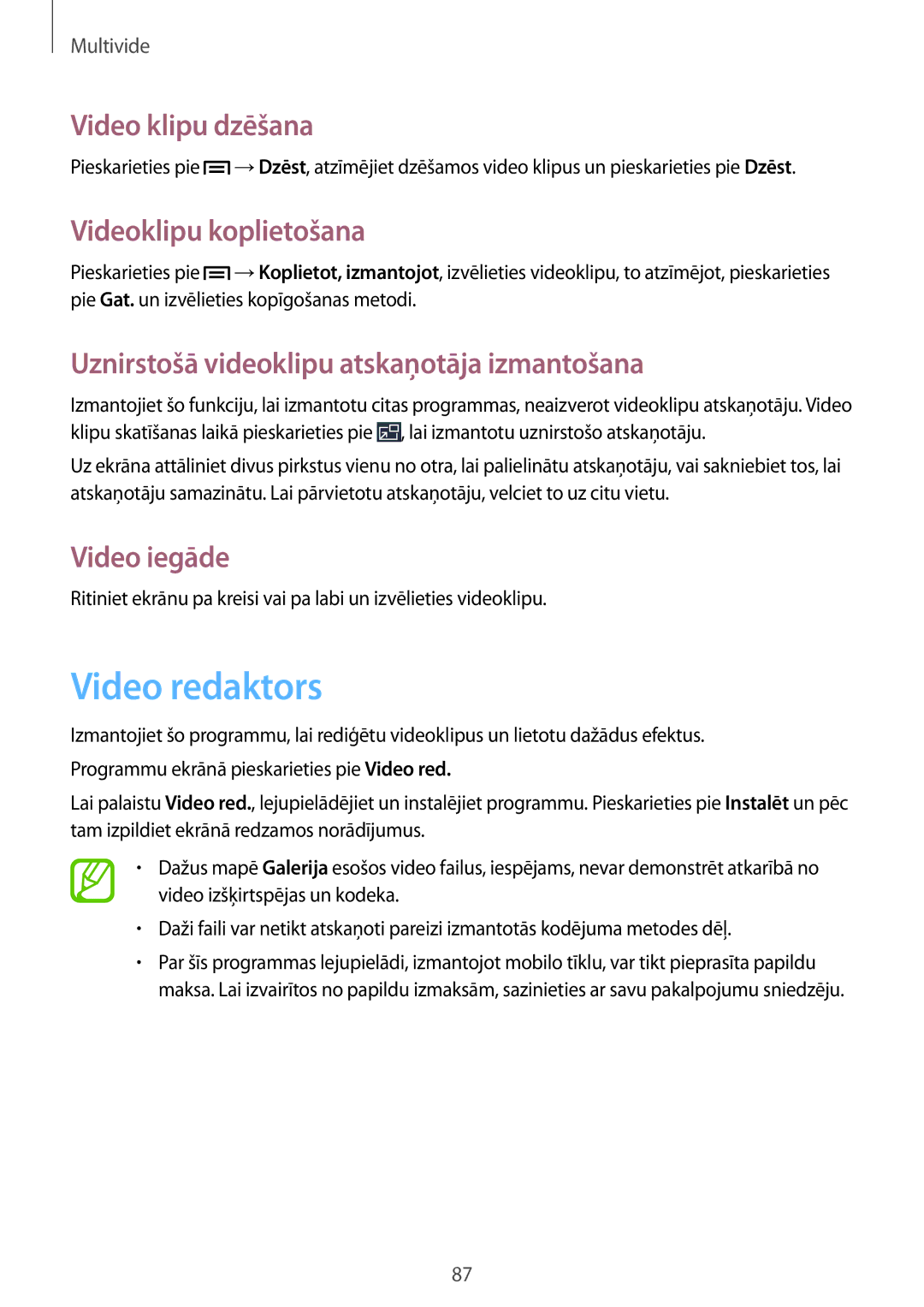 Samsung SM-P6050ZWESEB, SM-P6050ZWASEB manual Video redaktors, Video klipu dzēšana, Videoklipu koplietošana, Video iegāde 