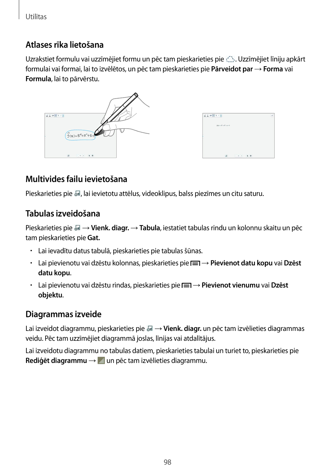 Samsung SM-P6050ZKESEB manual Atlases rīka lietošana, Multivides failu ievietošana, Tabulas izveidošana, Diagrammas izveide 