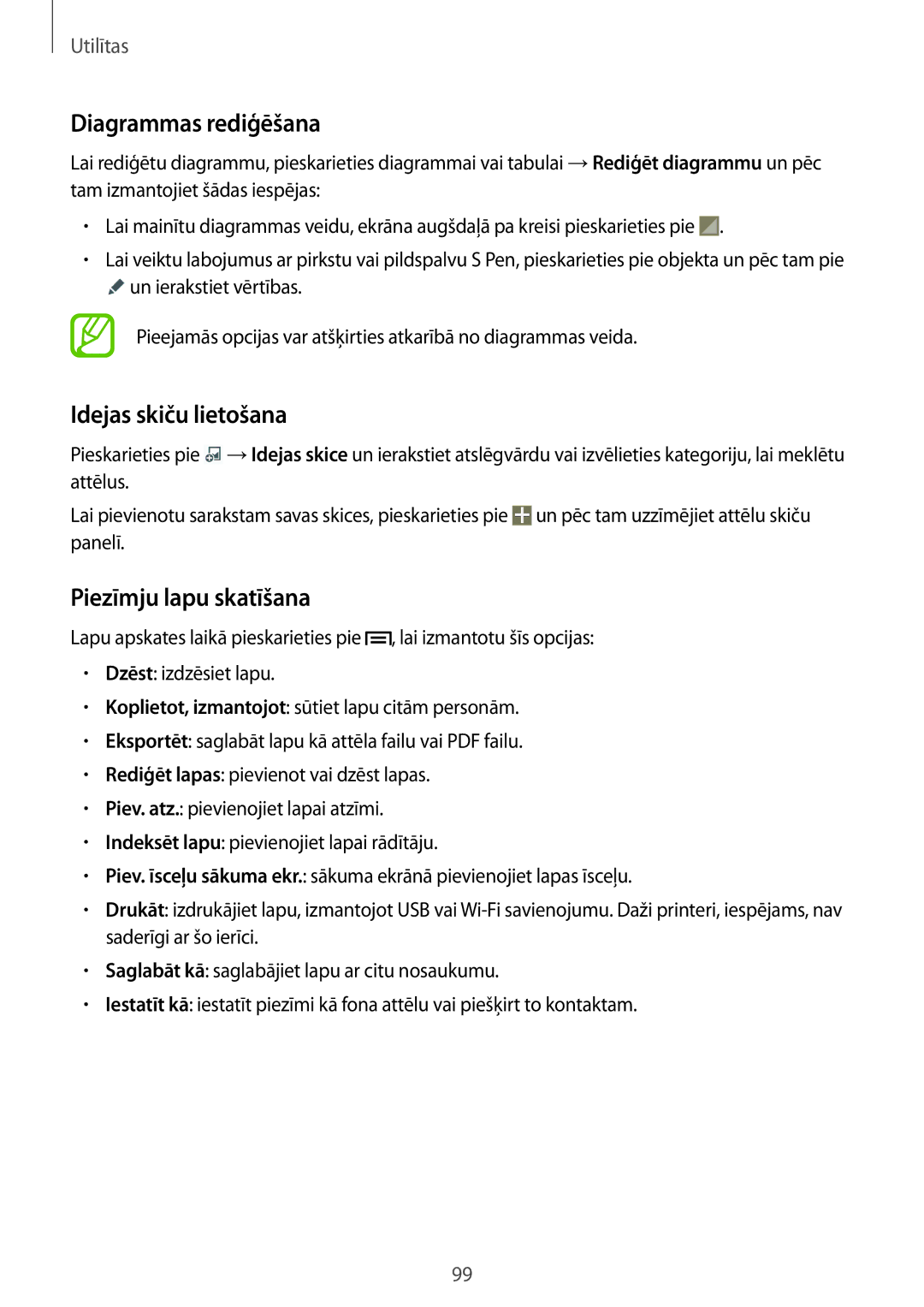 Samsung SM-P6050ZWESEB, SM-P6050ZWASEB manual Diagrammas rediģēšana, Idejas skiču lietošana, Piezīmju lapu skatīšana 