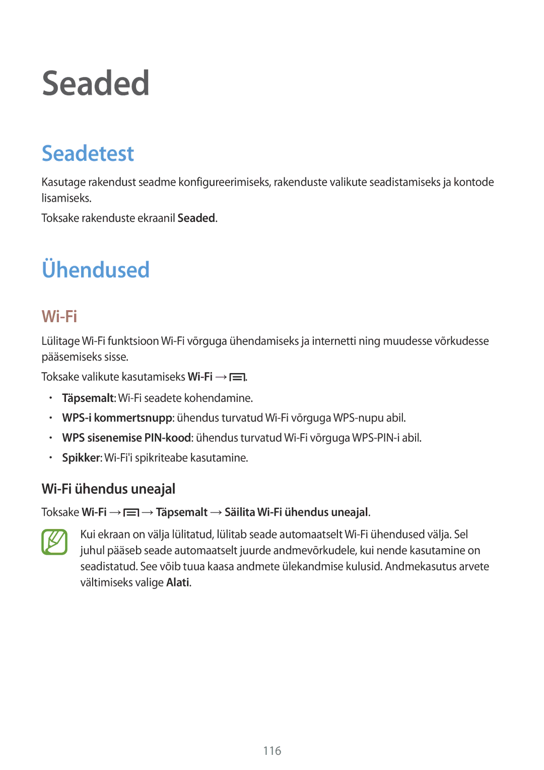 Samsung SM-P6050ZWASEB, SM-P6050ZKASEB, SM-P6050ZKESEB manual Seaded, Seadetest, Ühendused, Wi-Fi ühendus uneajal 