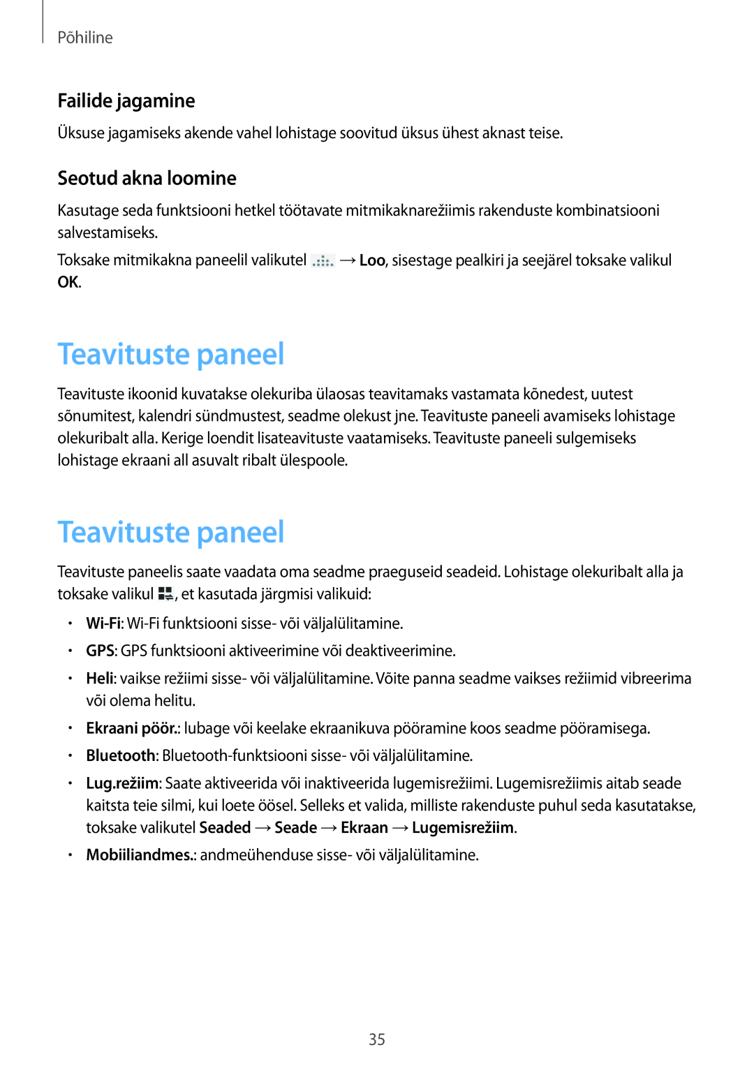 Samsung SM-P6050ZWESEB, SM-P6050ZWASEB, SM-P6050ZKASEB manual Teavituste paneel, Failide jagamine, Seotud akna loomine 