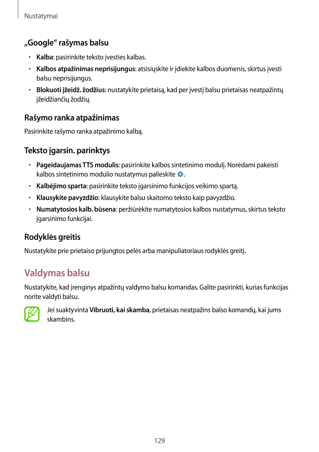 Samsung SM-P6050ZKASEB manual Valdymas balsu, „Google rašymas balsu, Rašymo ranka atpažinimas, Teksto įgarsin. parinktys 