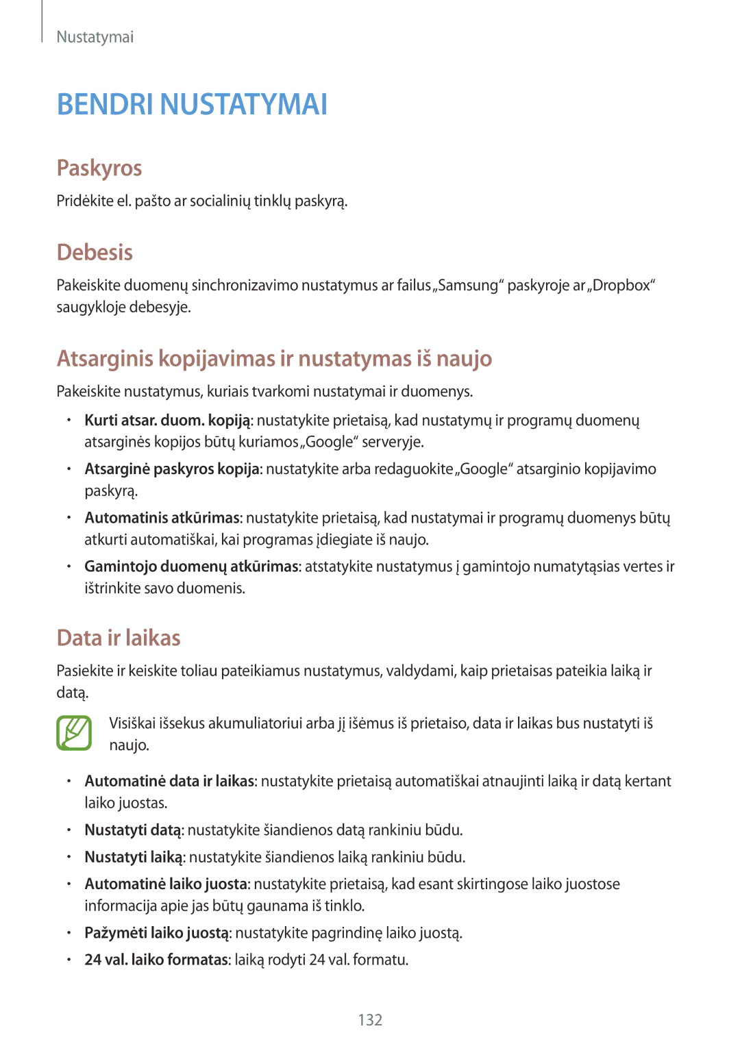 Samsung SM-P6050ZWASEB, SM-P6050ZKASEB Paskyros, Debesis, Atsarginis kopijavimas ir nustatymas iš naujo, Data ir laikas 