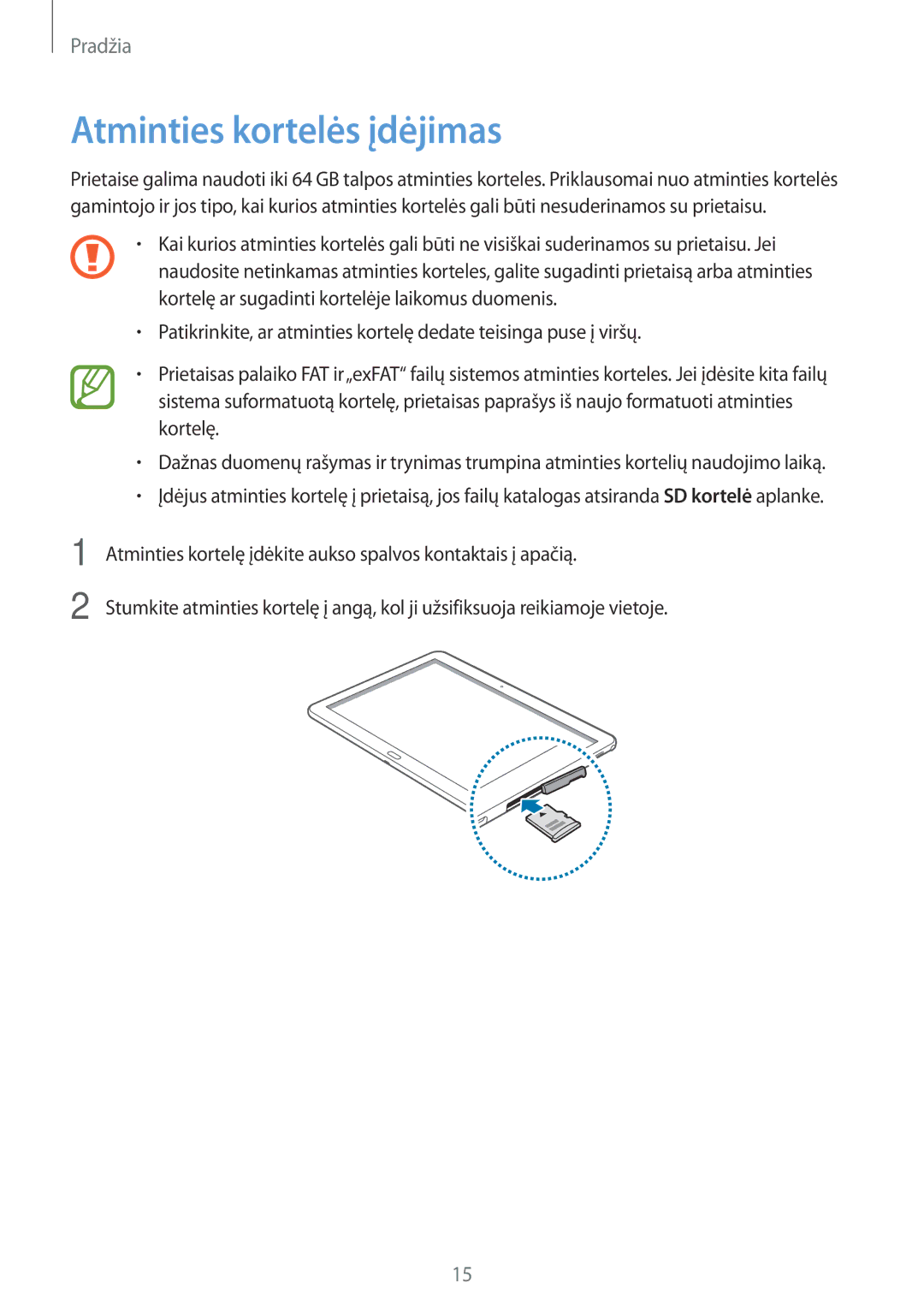 Samsung SM-P6050ZWESEB, SM-P6050ZWASEB, SM-P6050ZKASEB, SM-P6050ZKESEB manual Atminties kortelės įdėjimas 