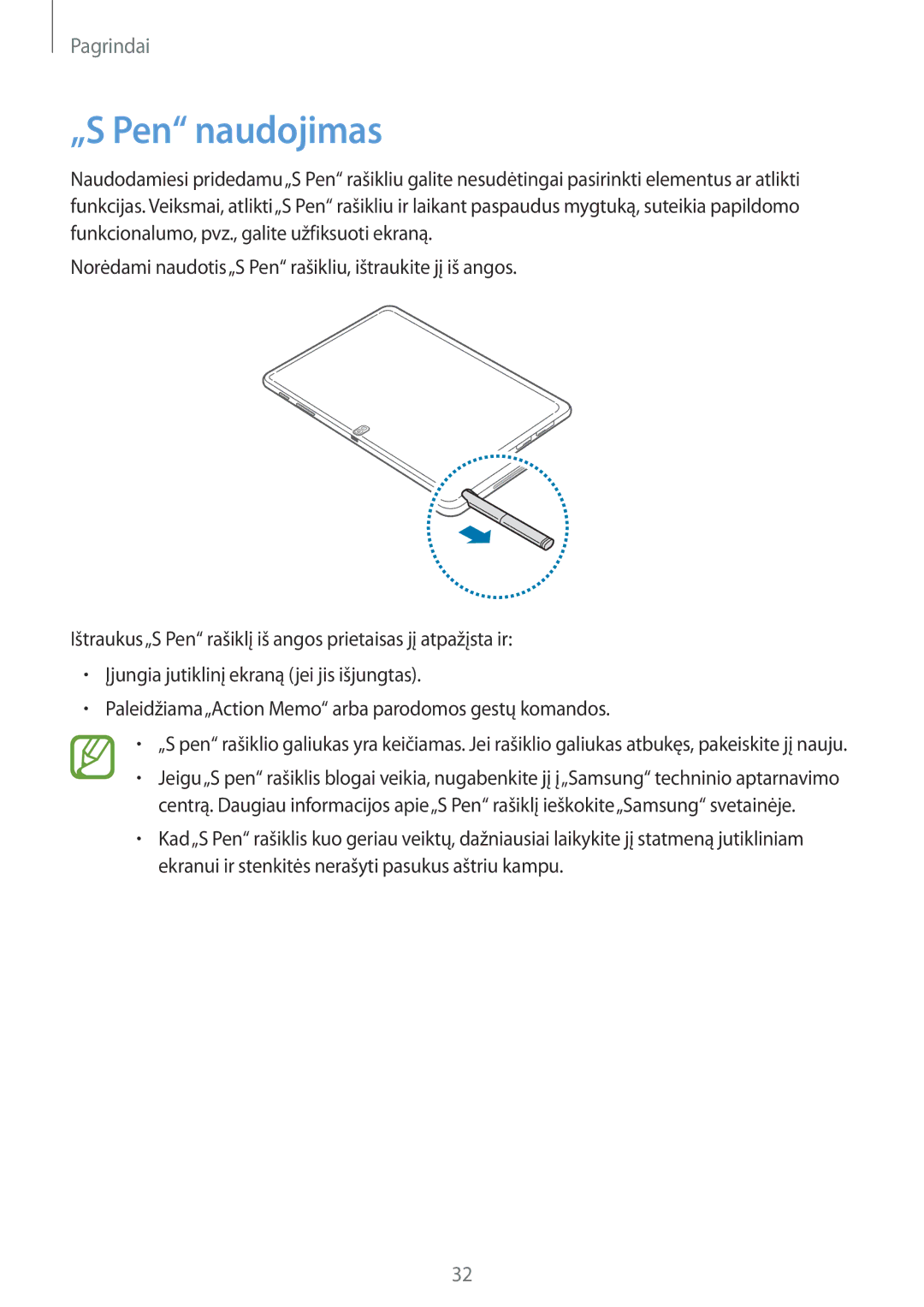 Samsung SM-P6050ZWASEB, SM-P6050ZKASEB, SM-P6050ZKESEB, SM-P6050ZWESEB manual „S Pen naudojimas 