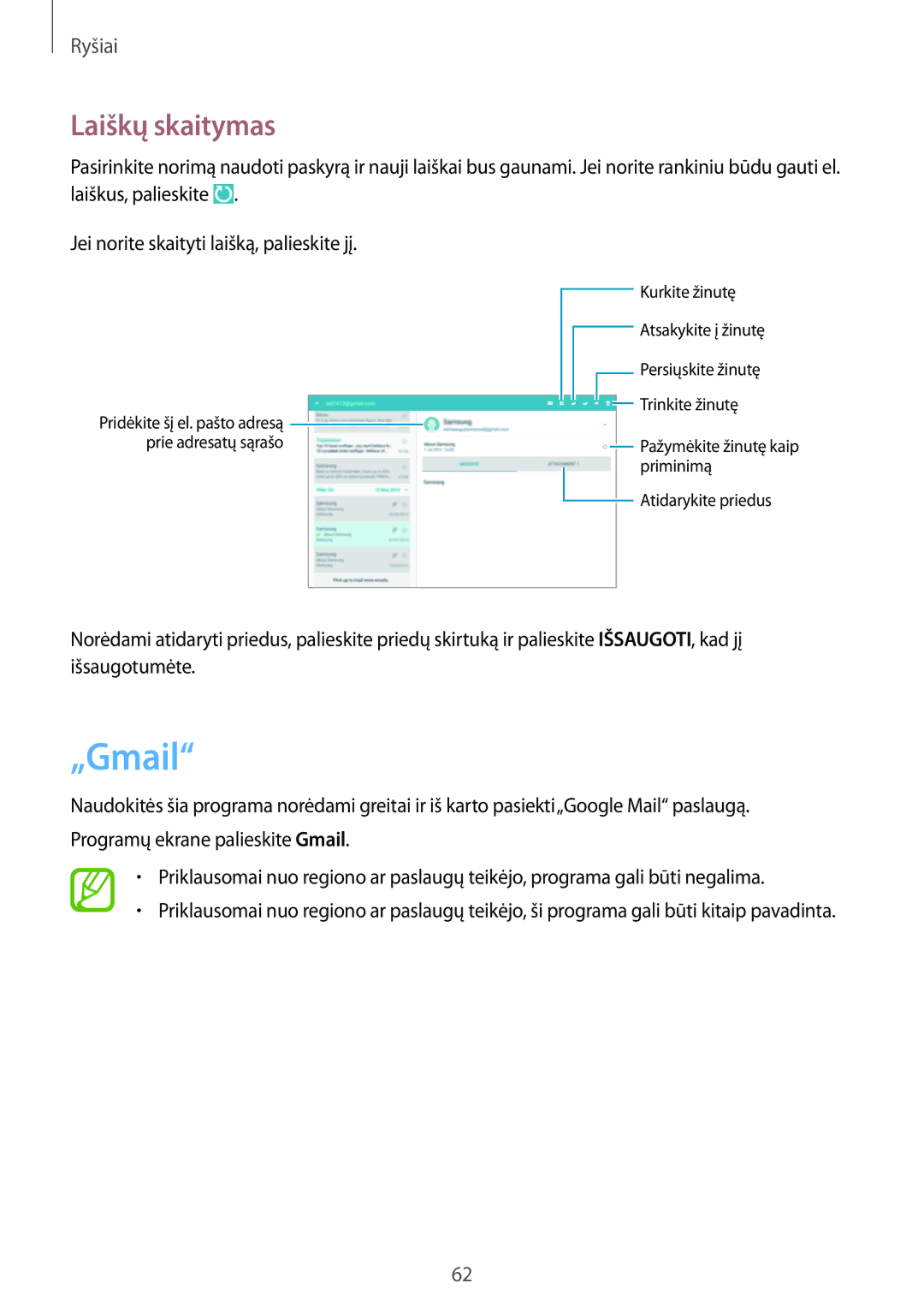 Samsung SM-P6050ZKESEB, SM-P6050ZWASEB, SM-P6050ZKASEB, SM-P6050ZWESEB manual „Gmail, Laiškų skaitymas 