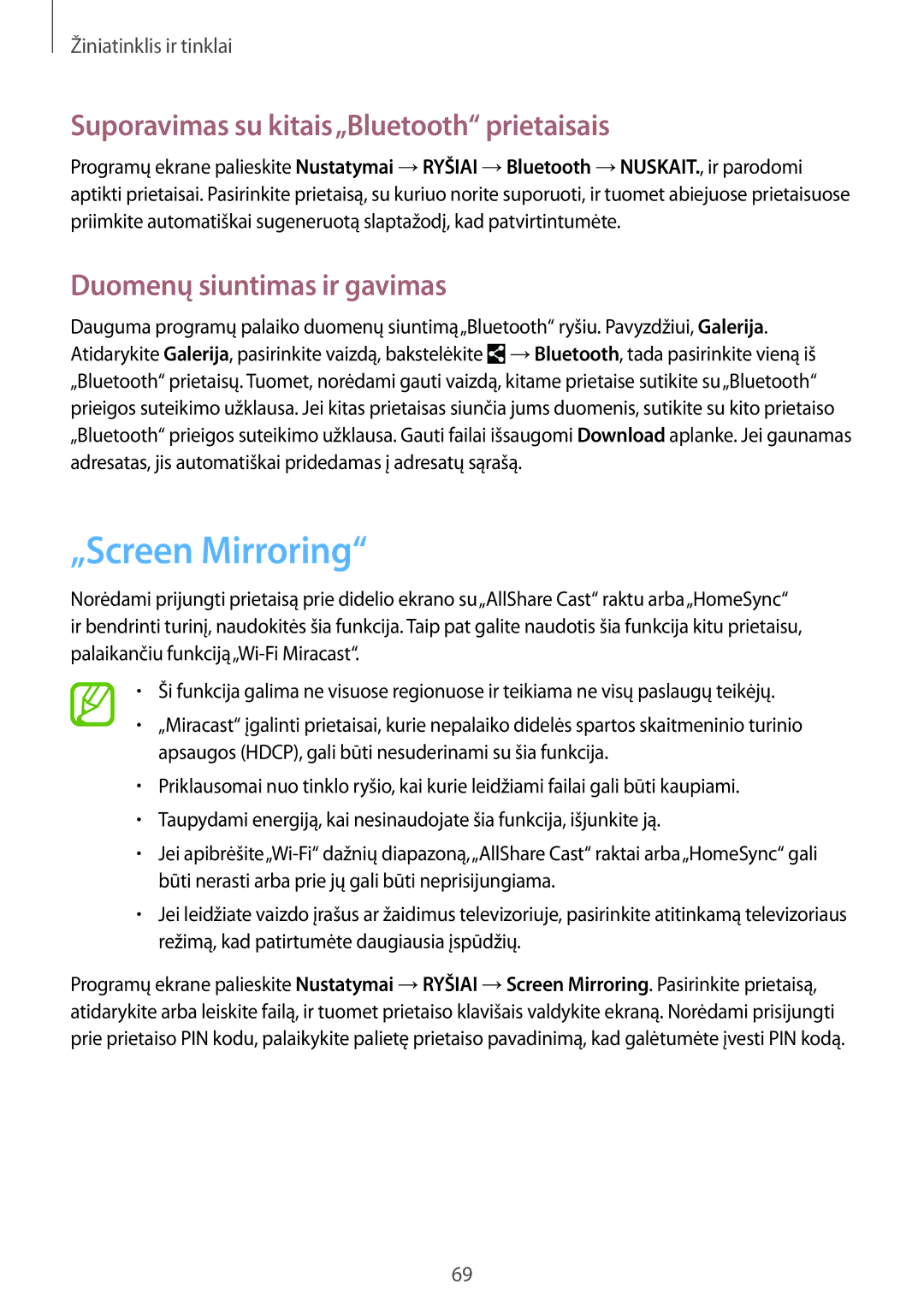 Samsung SM-P6050ZKASEB manual „Screen Mirroring, Suporavimas su kitais„Bluetooth prietaisais, Duomenų siuntimas ir gavimas 