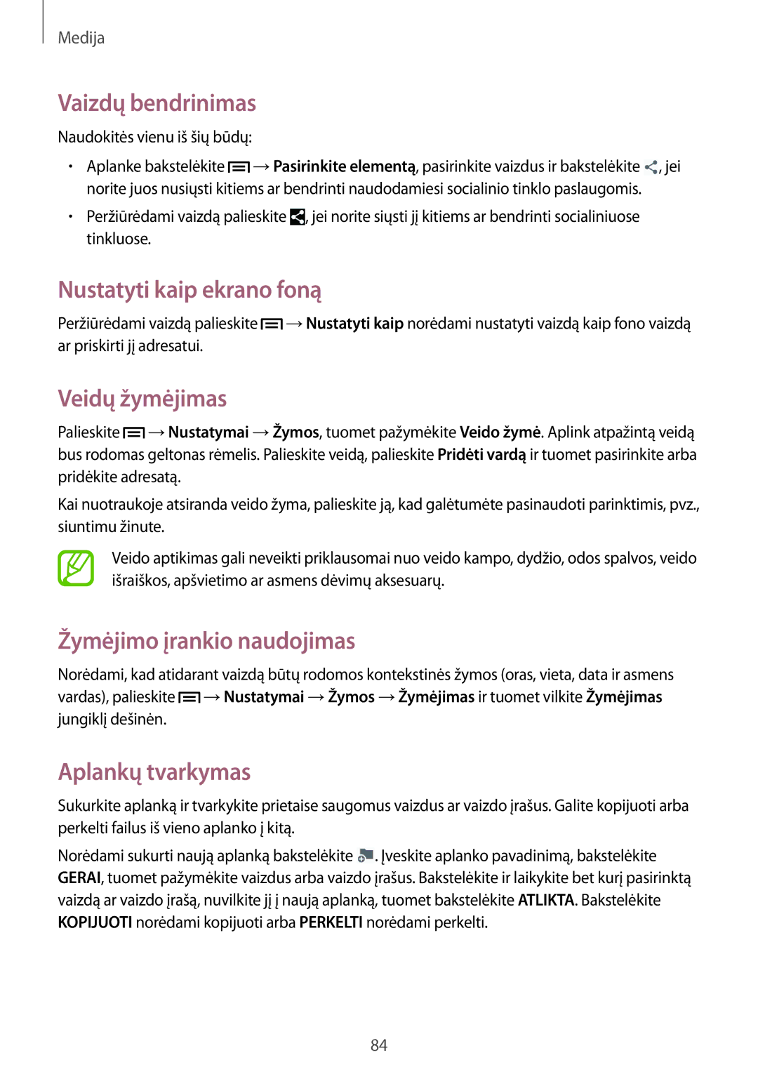 Samsung SM-P6050ZWASEB manual Vaizdų bendrinimas, Nustatyti kaip ekrano foną, Veidų žymėjimas, Žymėjimo įrankio naudojimas 