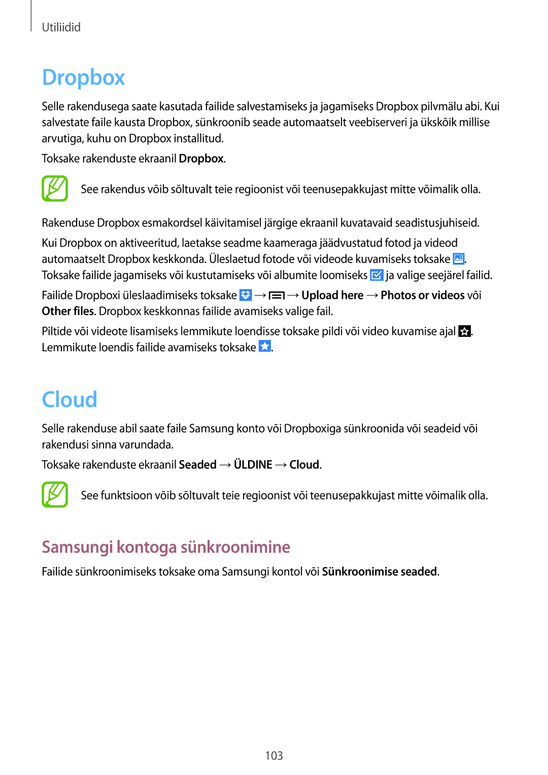 Samsung SM-P6050ZWESEB, SM-P6050ZWASEB, SM-P6050ZKASEB, SM-P6050ZKESEB manual Dropbox, Cloud, Samsungi kontoga sünkroonimine 