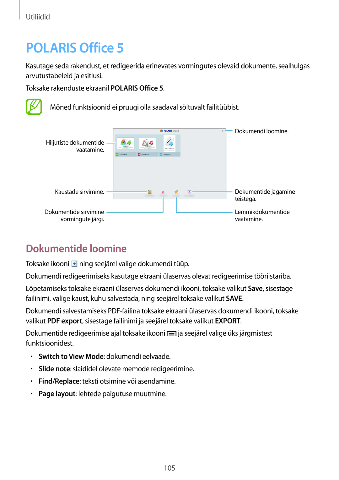 Samsung SM-P6050ZKASEB, SM-P6050ZWASEB, SM-P6050ZKESEB, SM-P6050ZWESEB manual Polaris Office, Dokumentide loomine 