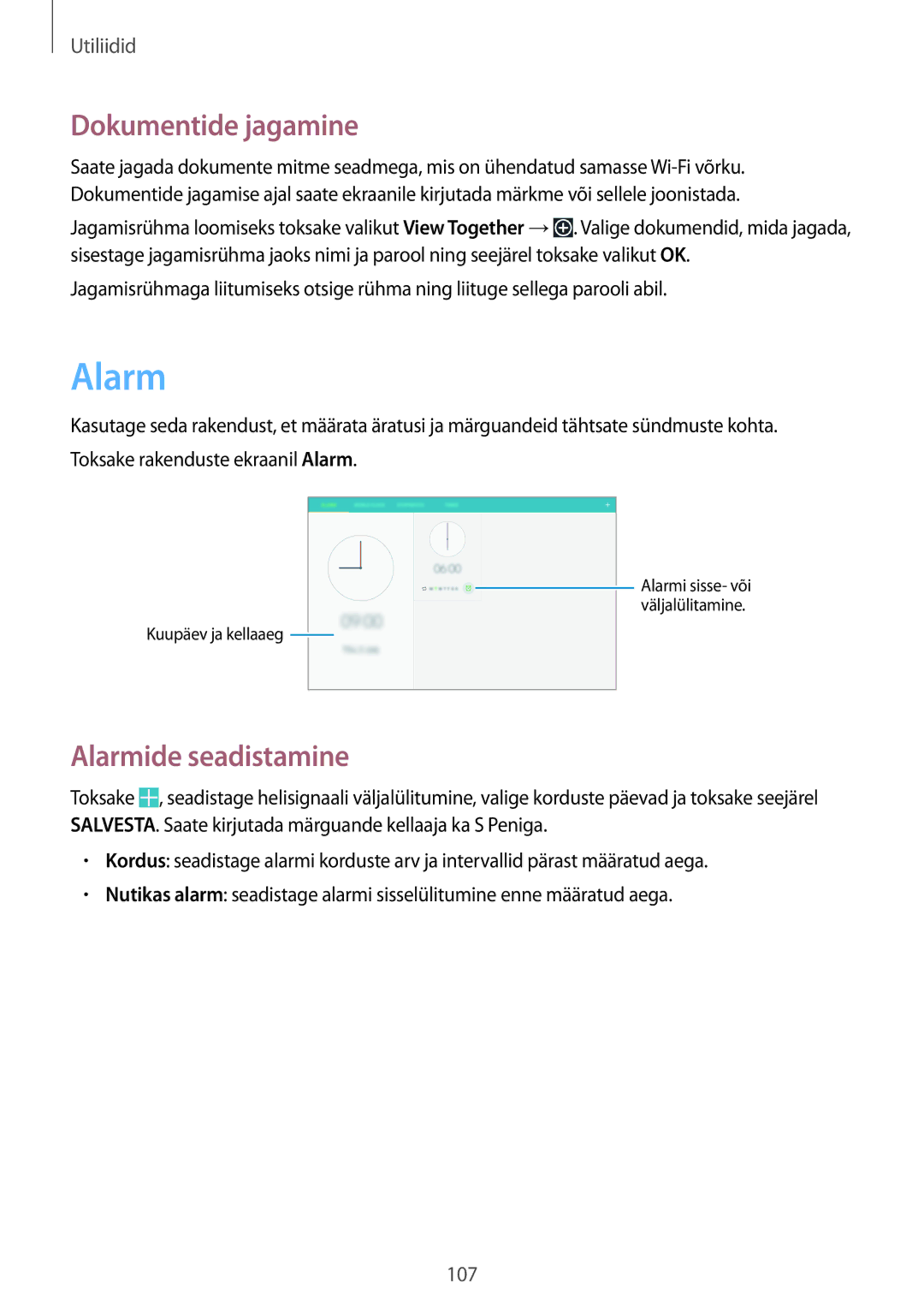 Samsung SM-P6050ZWESEB, SM-P6050ZWASEB, SM-P6050ZKASEB, SM-P6050ZKESEB manual Dokumentide jagamine, Alarmide seadistamine 