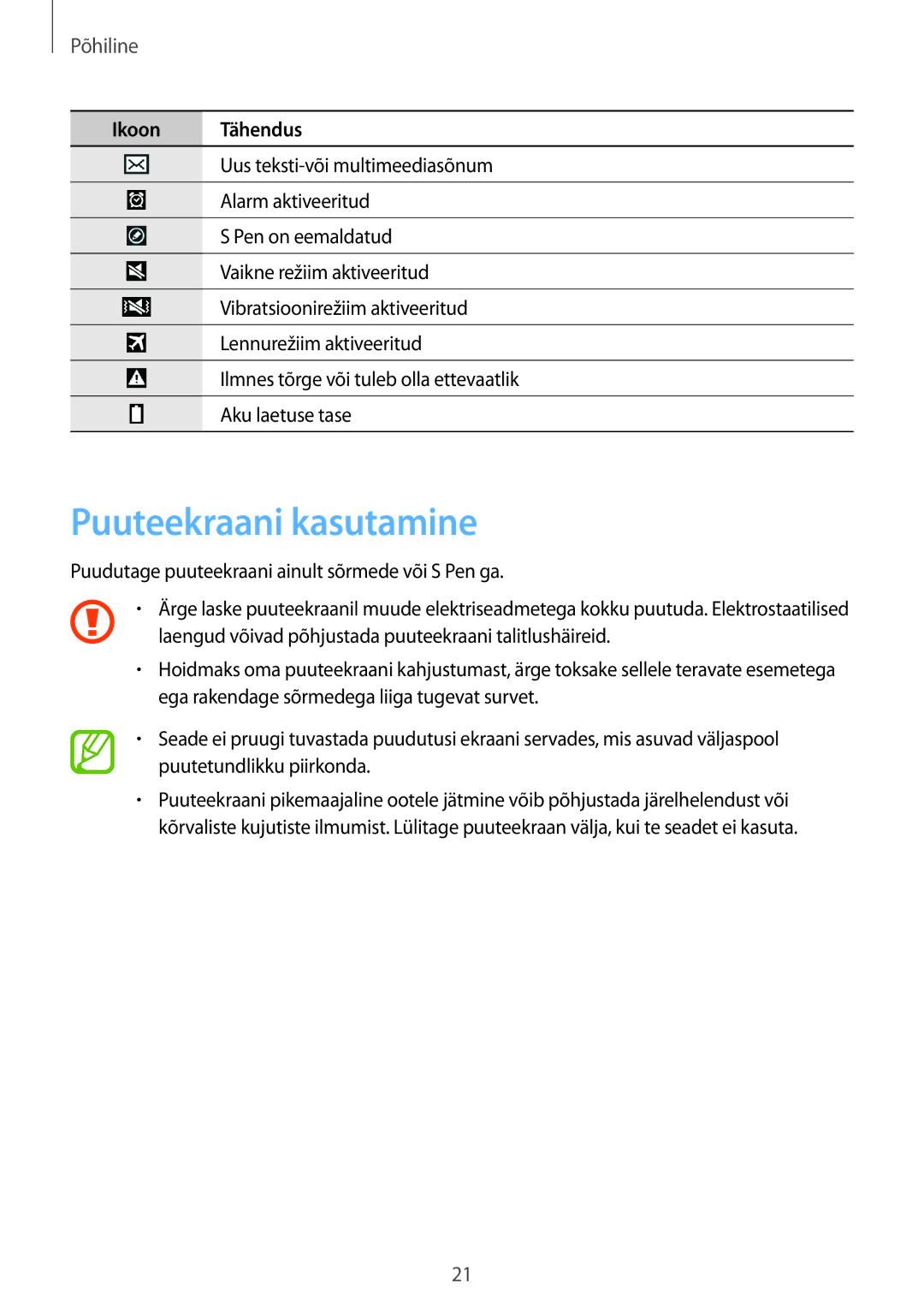 Samsung SM-P6050ZKASEB, SM-P6050ZWASEB, SM-P6050ZKESEB, SM-P6050ZWESEB manual Puuteekraani kasutamine, Põhiline 