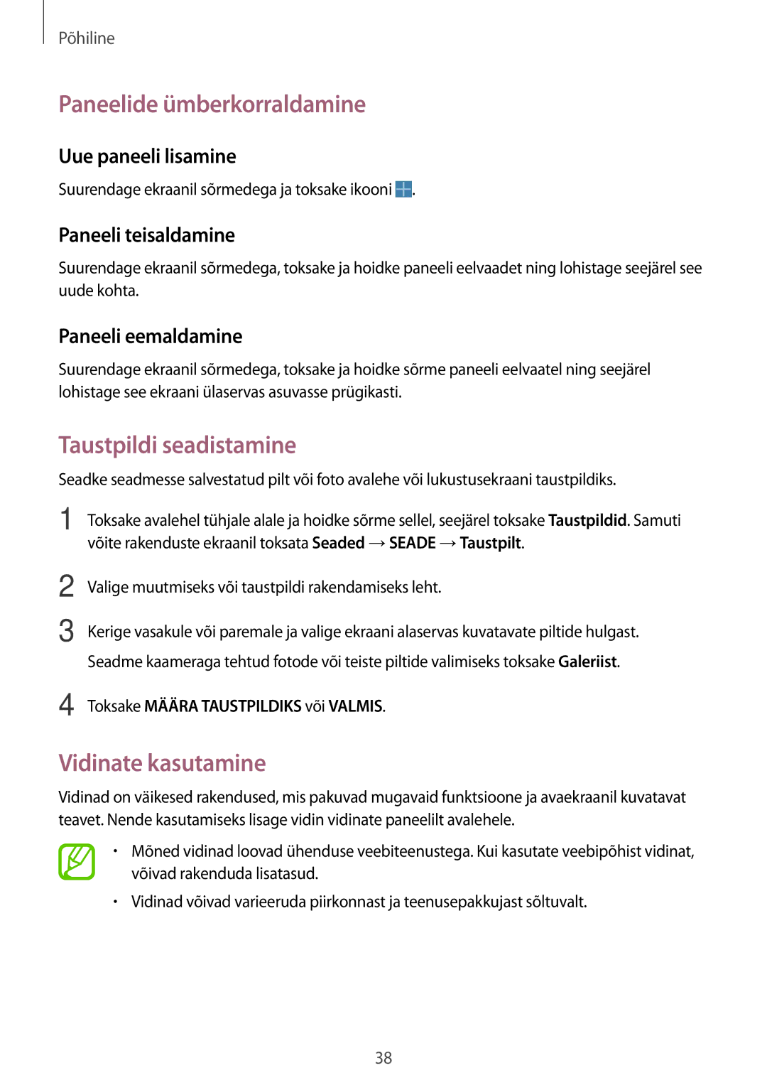 Samsung SM-P6050ZKESEB, SM-P6050ZWASEB manual Paneelide ümberkorraldamine, Taustpildi seadistamine, Vidinate kasutamine 