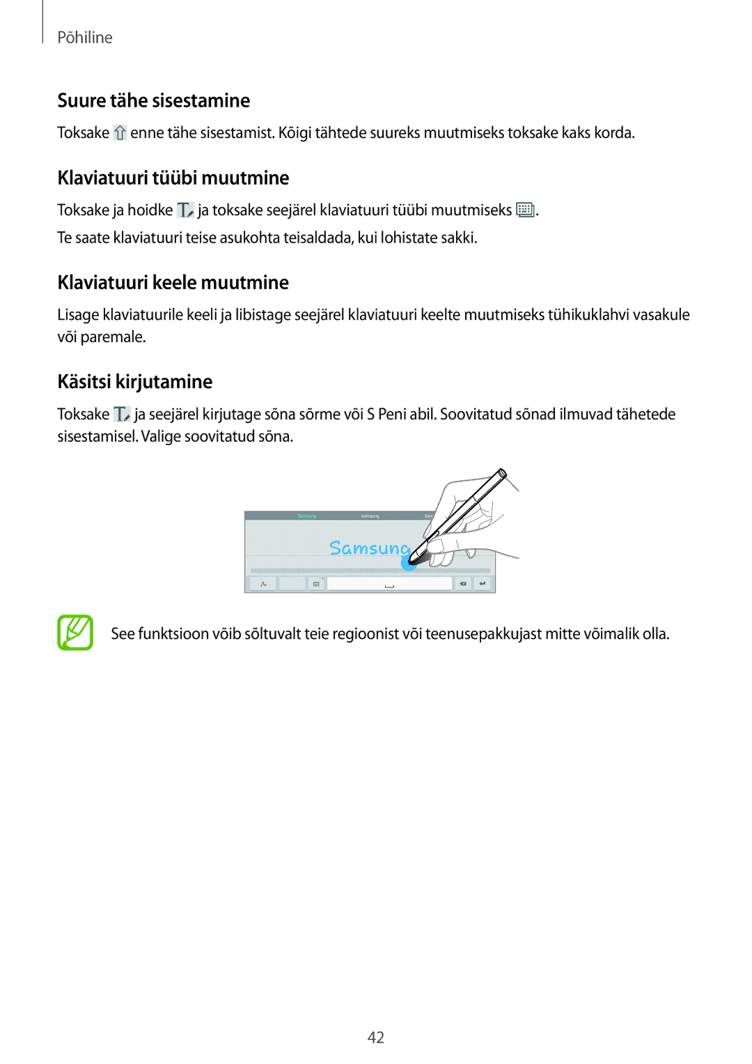 Samsung SM-P6050ZKESEB Suure tähe sisestamine, Klaviatuuri tüübi muutmine, Klaviatuuri keele muutmine, Käsitsi kirjutamine 