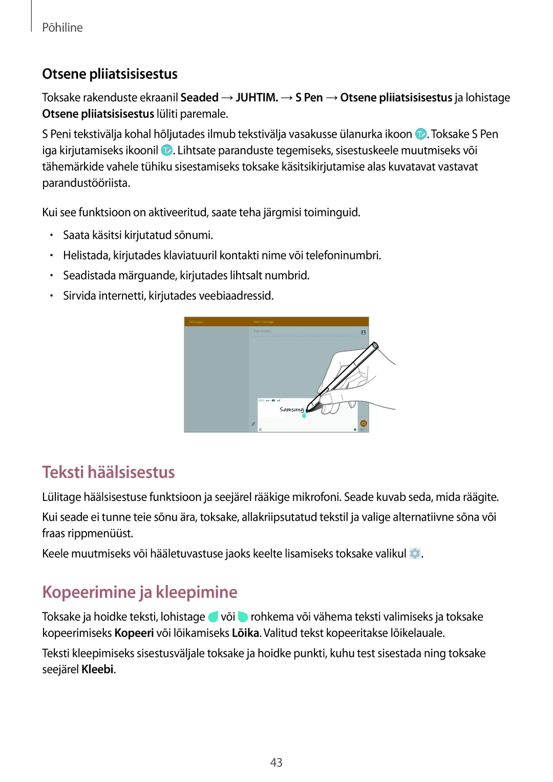 Samsung SM-P6050ZWESEB, SM-P6050ZWASEB manual Teksti häälsisestus, Kopeerimine ja kleepimine, Otsene pliiatsisisestus 